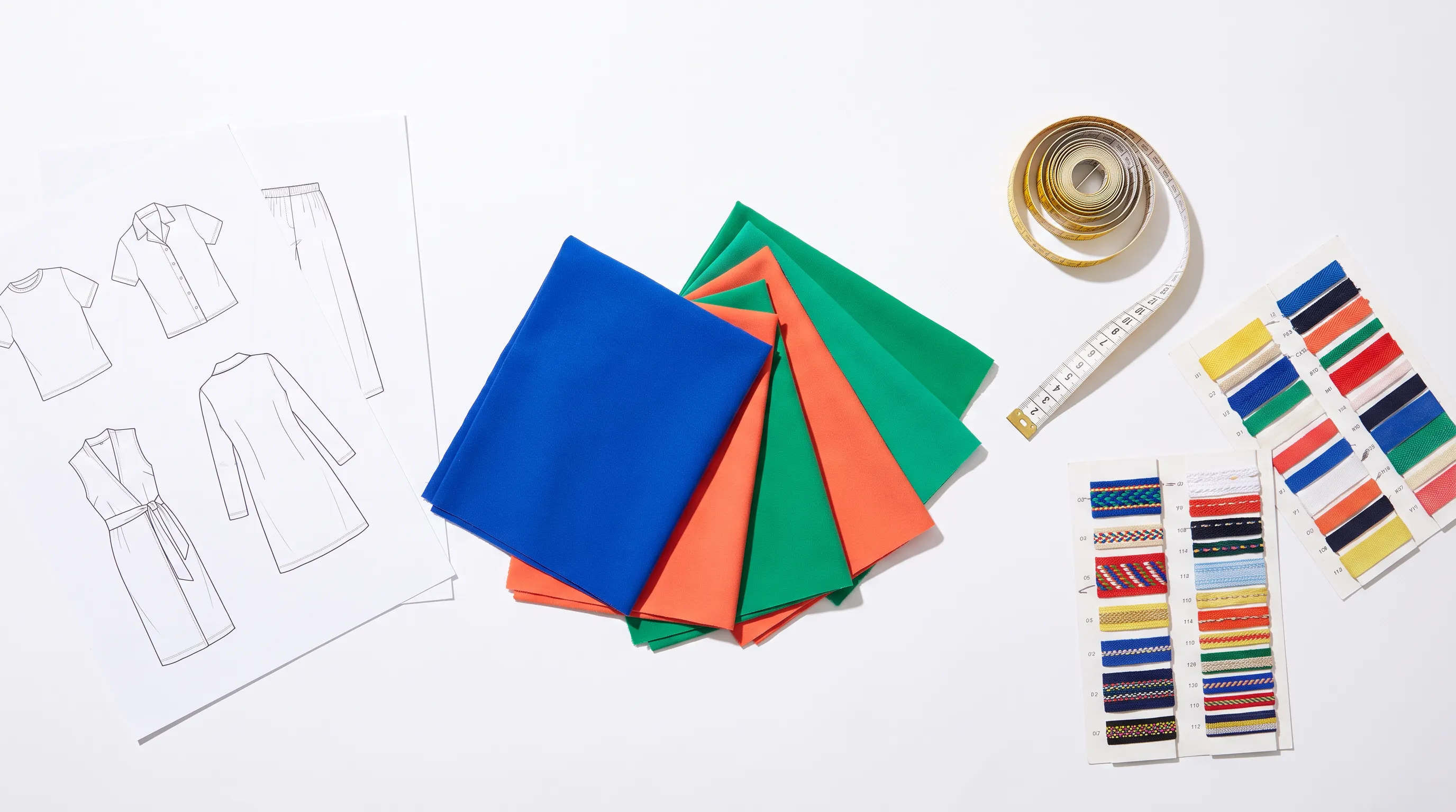 Overhead flat-lay of a tech pack spread with flat sketches, fabric swatches, and points of measure on a bone seamless surface