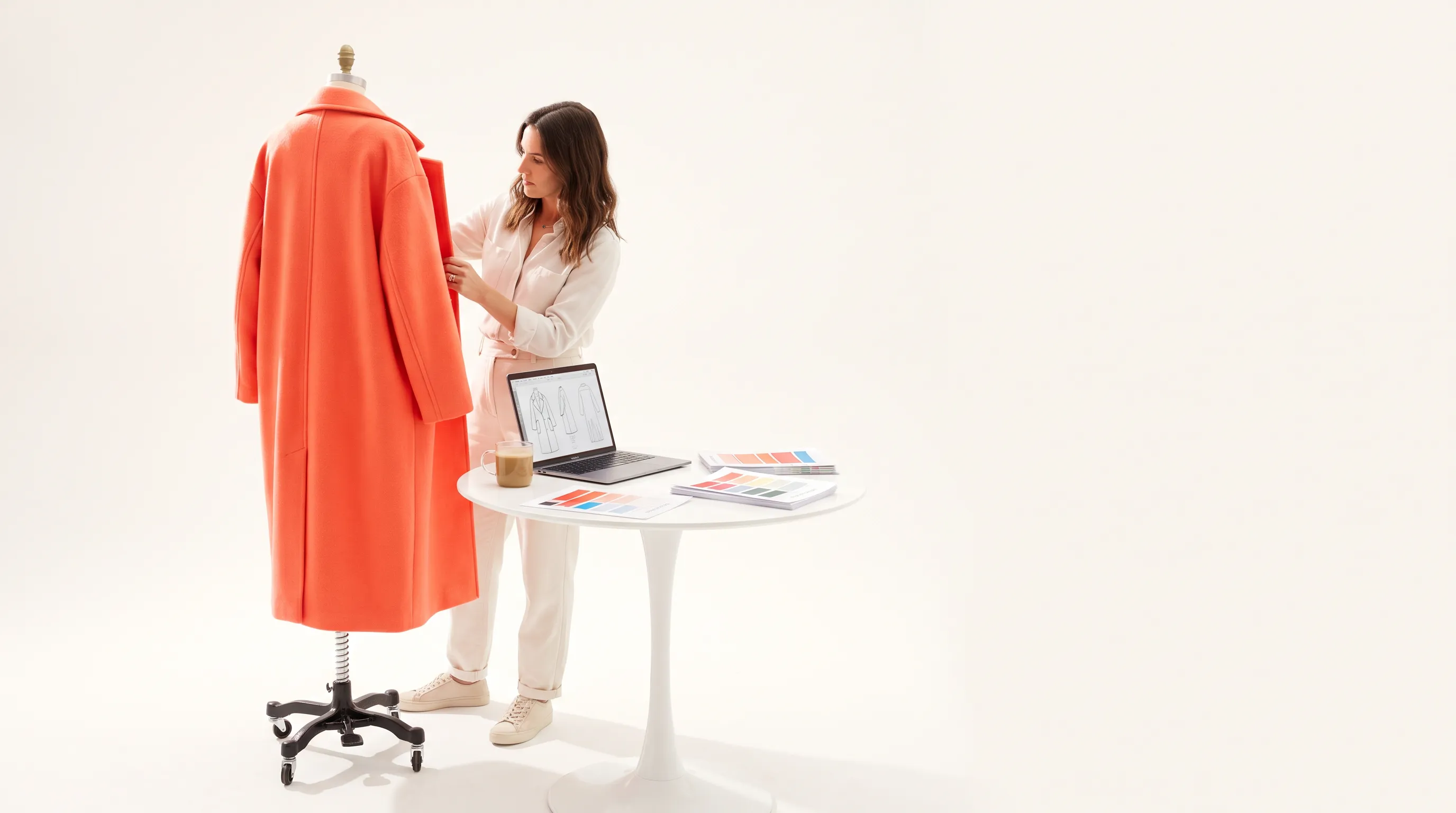 Editorial studio scene of a designer reviewing a garment on a dress form beside a laptop showing a tech pack, cinematic side light