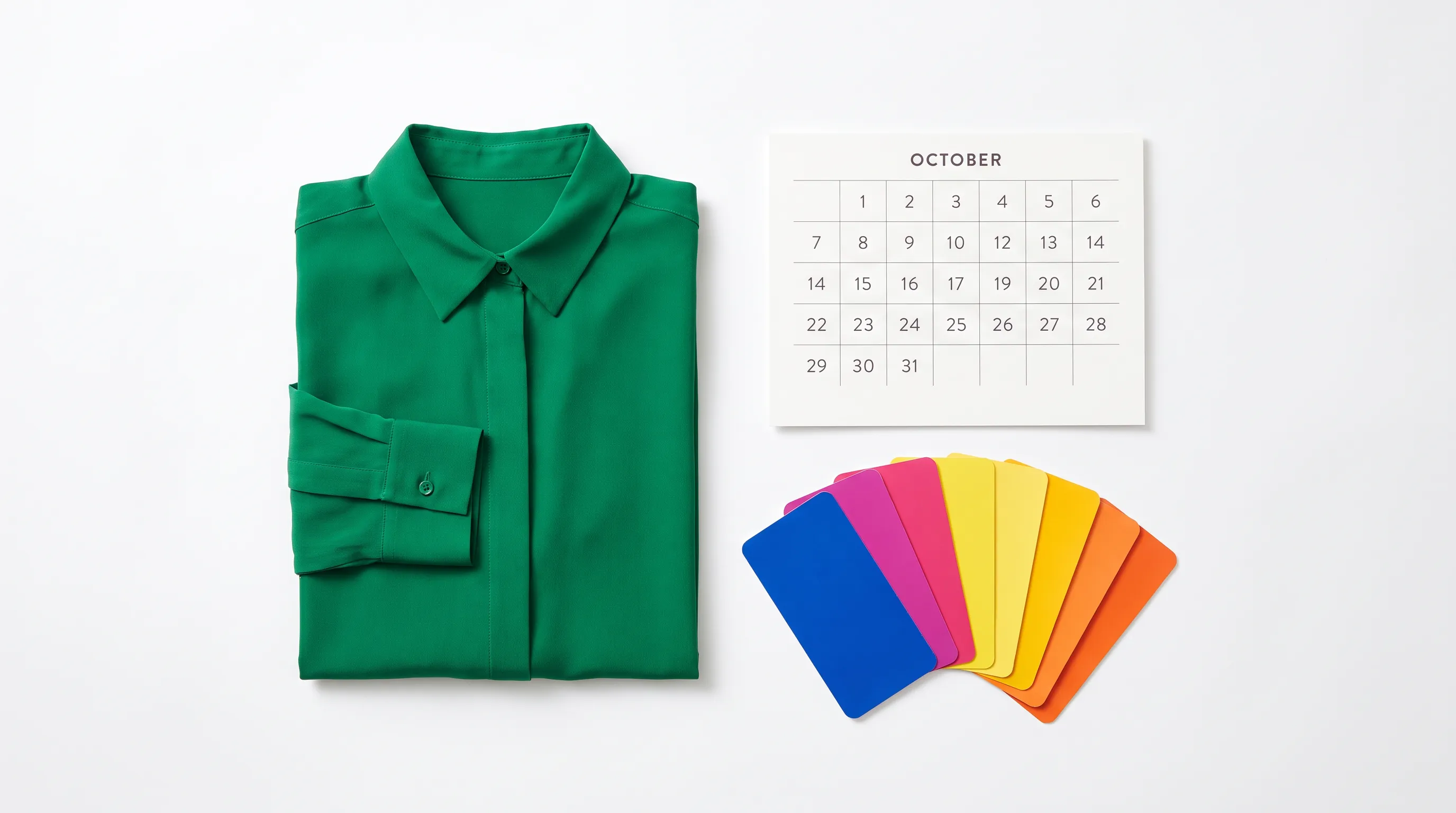 Overhead still-life of a finished folded garment beside a printed production calendar and swatch cards on charcoal seamless, editorial flat-lay