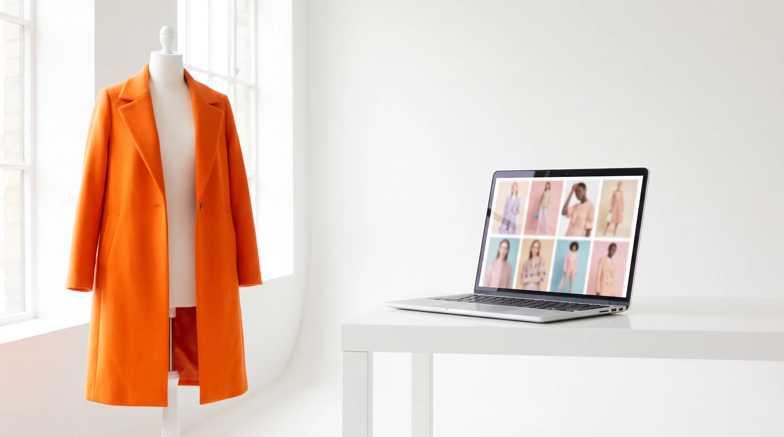 An editorial studio scene: a garment on a dress form beside a laptop showing generated on-model frames, cinematic wide