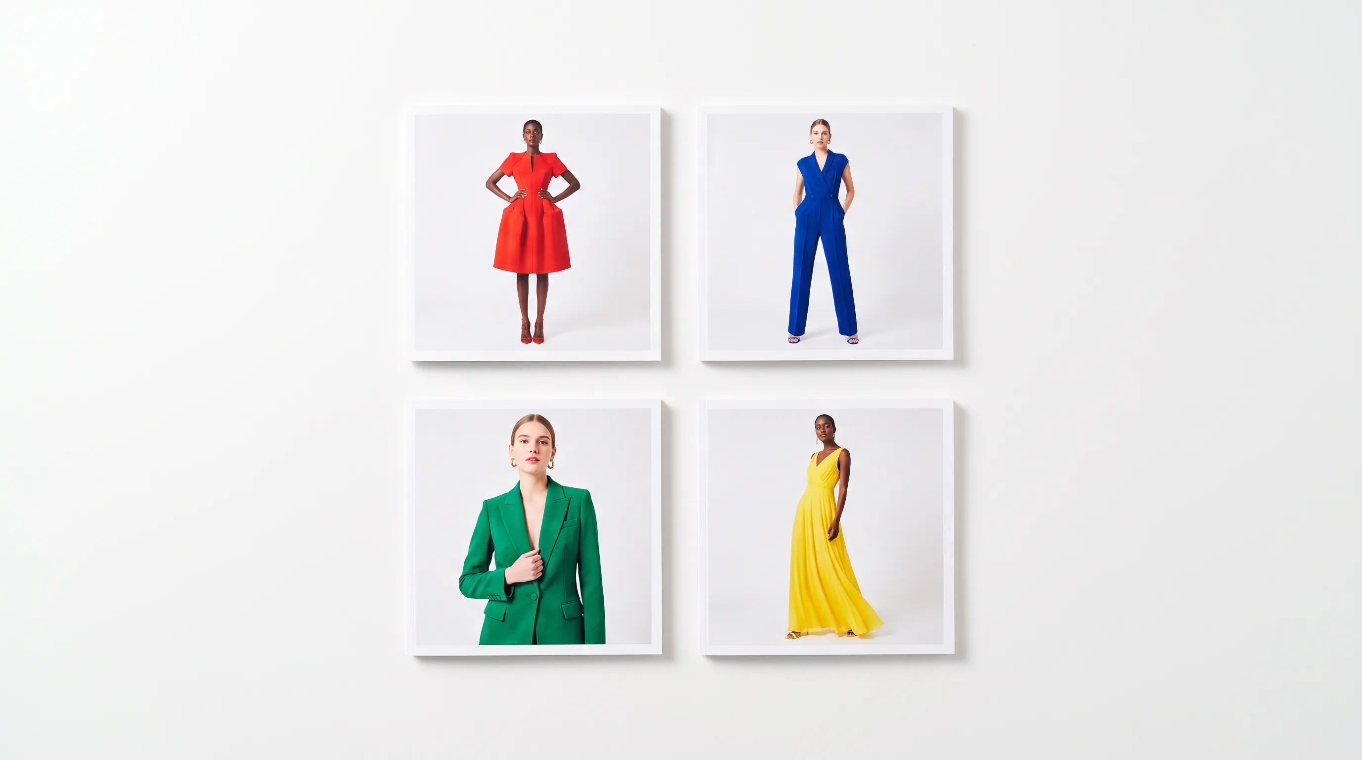A diverse set of on-model apparel frames arranged as a consistent editorial catalog grid, uniform light and framing