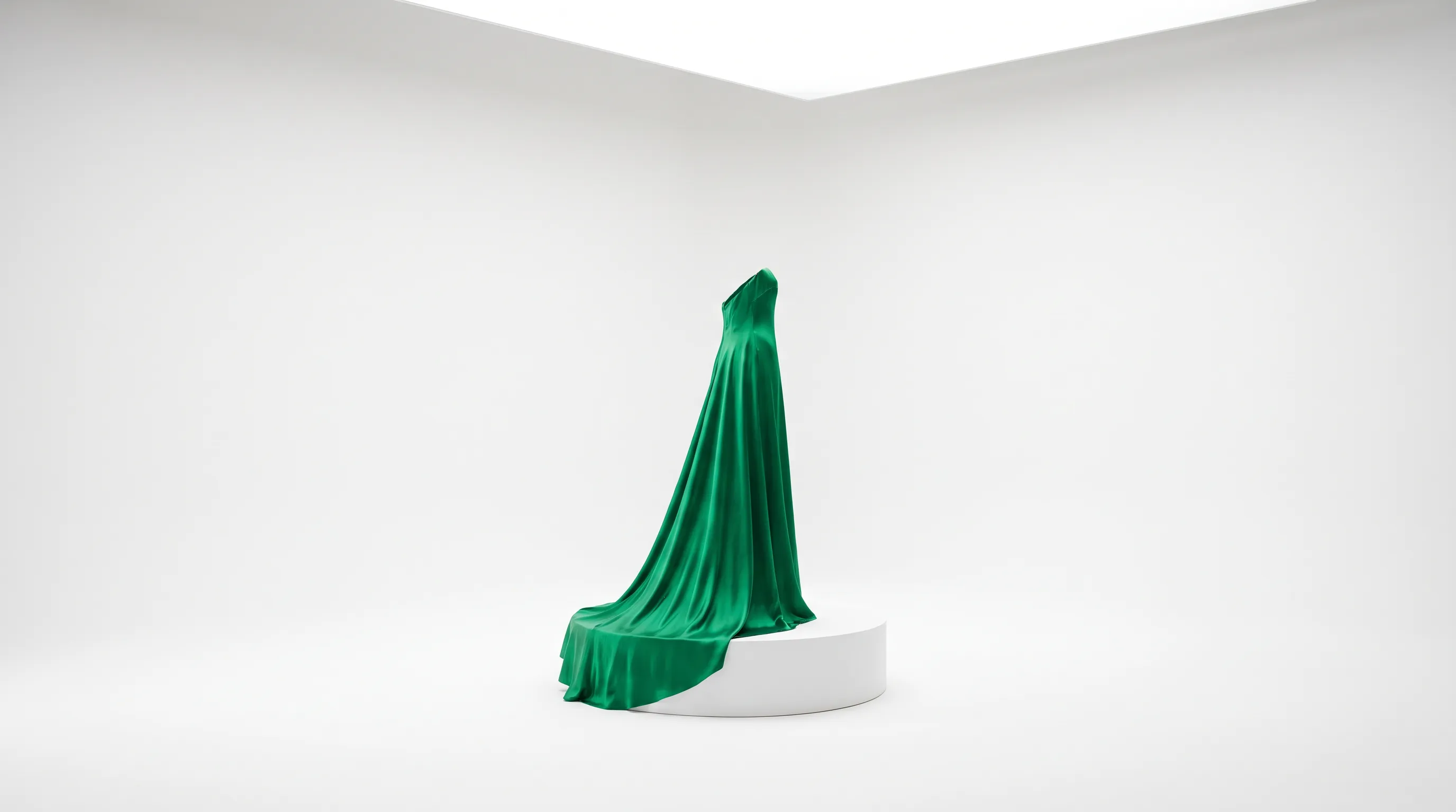 A single garment on a plinth in a gallery-lit space, museum framing, a quietly powerful hero product image