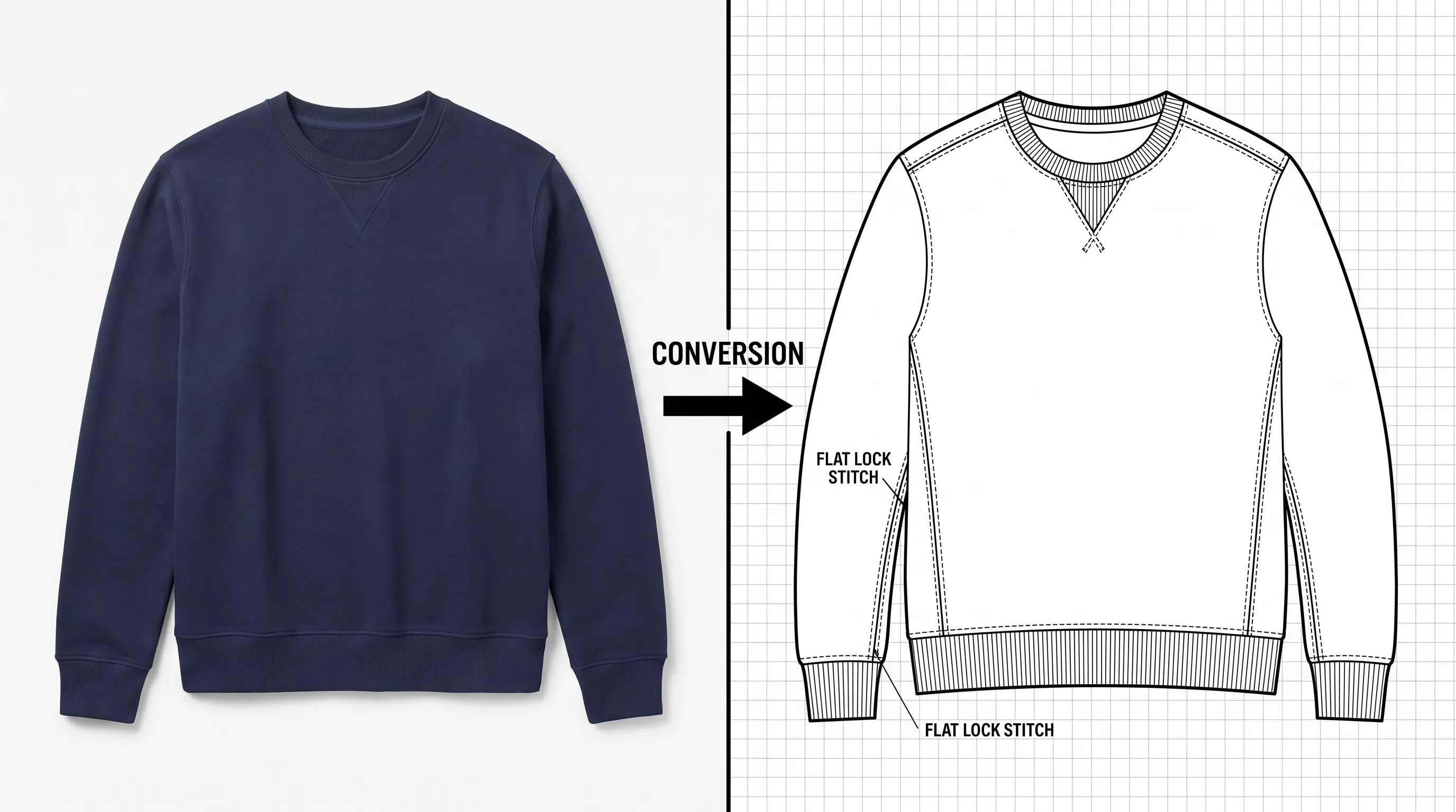 A product photo of a navy crewneck on the left converting into a clean technical flat sketch on the right