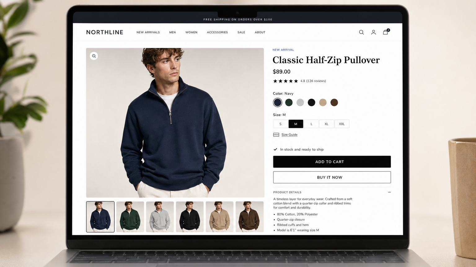 A Shopify product page using AI-generated colorway images with a color-swatch selector