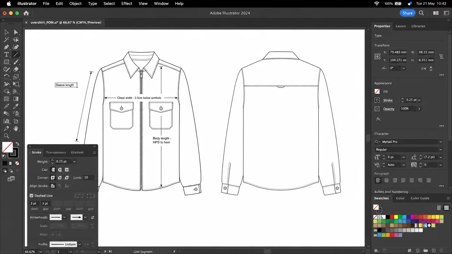 Illustrated Illustrator window: finished front and back flats of the overshirt with measurement callouts being drawn by hand and one label mid-edit