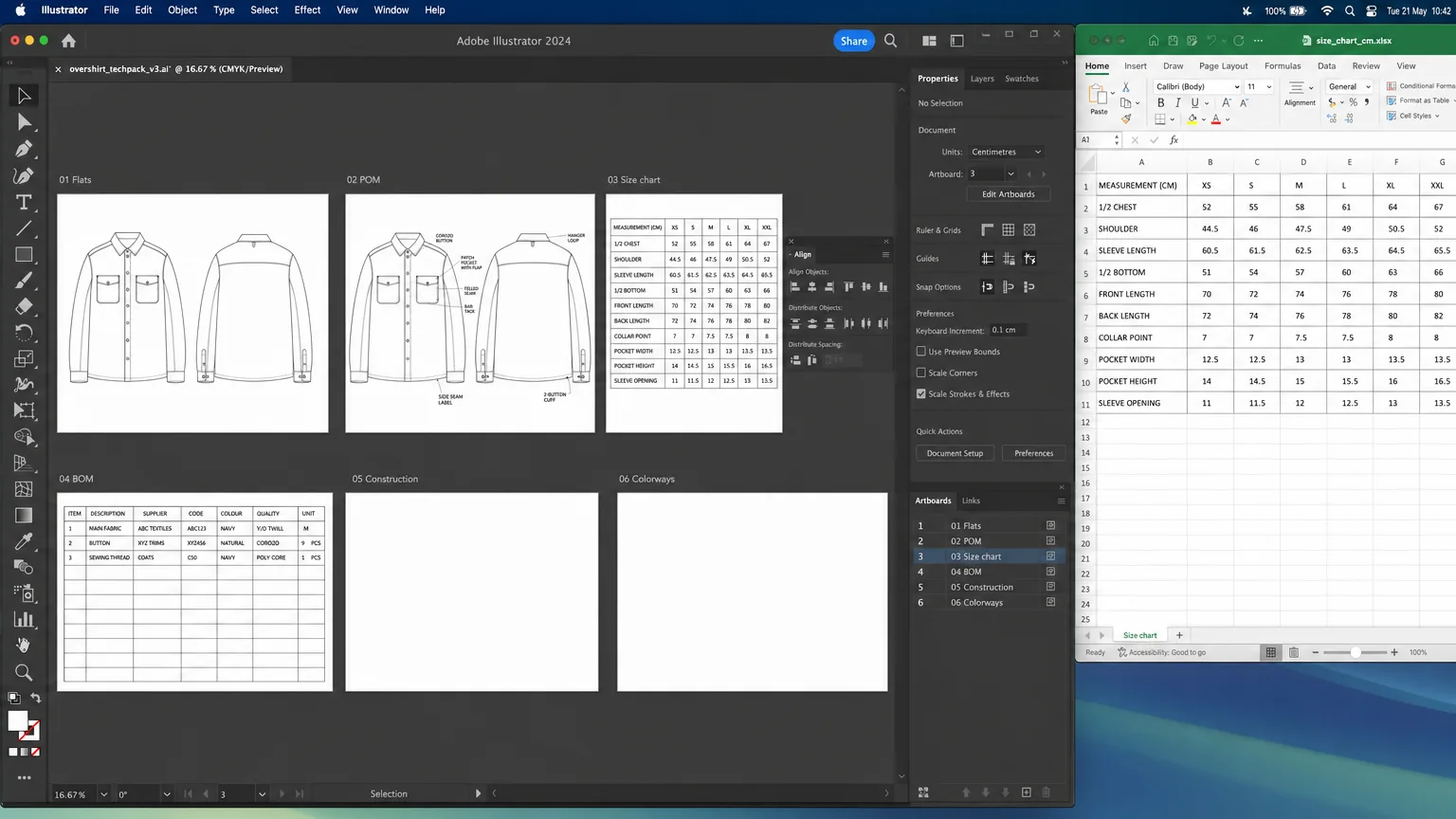 Illustrated Illustrator window zoomed out to six artboards, flats, POM, size chart, BOM, construction and colorways, with an Excel spreadsheet of measurements behind it