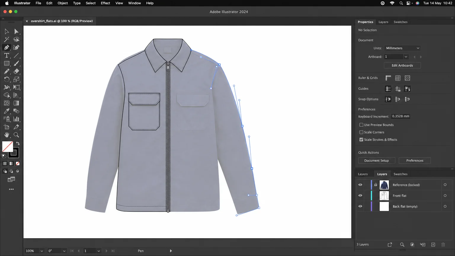 An illustration of Adobe Illustrator with a technical flat of an overshirt being traced over a product photo with the Pen tool