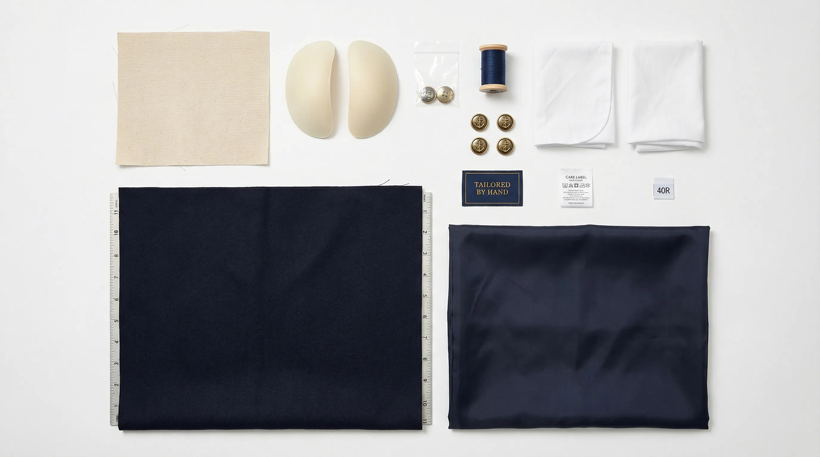 Deconstructed jacket showing every individual component: shell fabric, lining, buttons, zipper, interfacing, labels, and thread