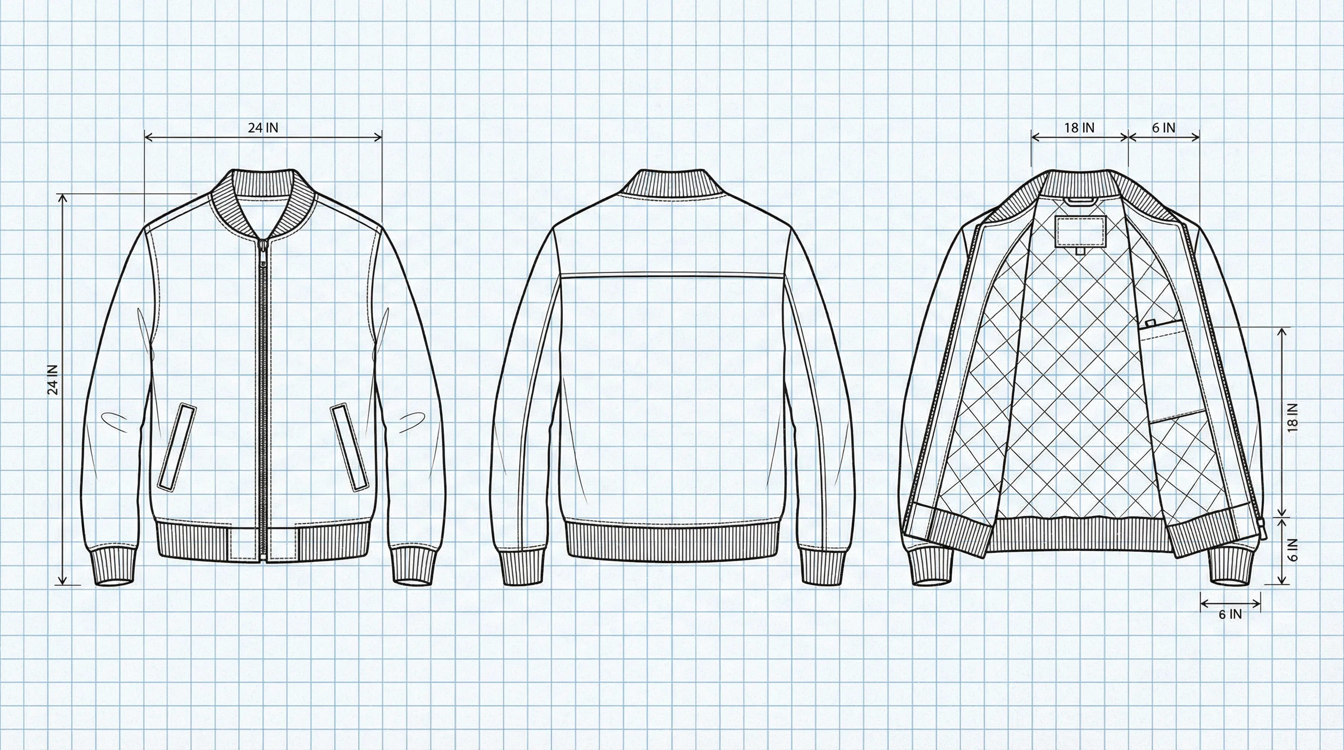 Technical flat sketch of a bomber jacket on blueprint paper showing front view, back view, and interior lining detail with measurement annotations