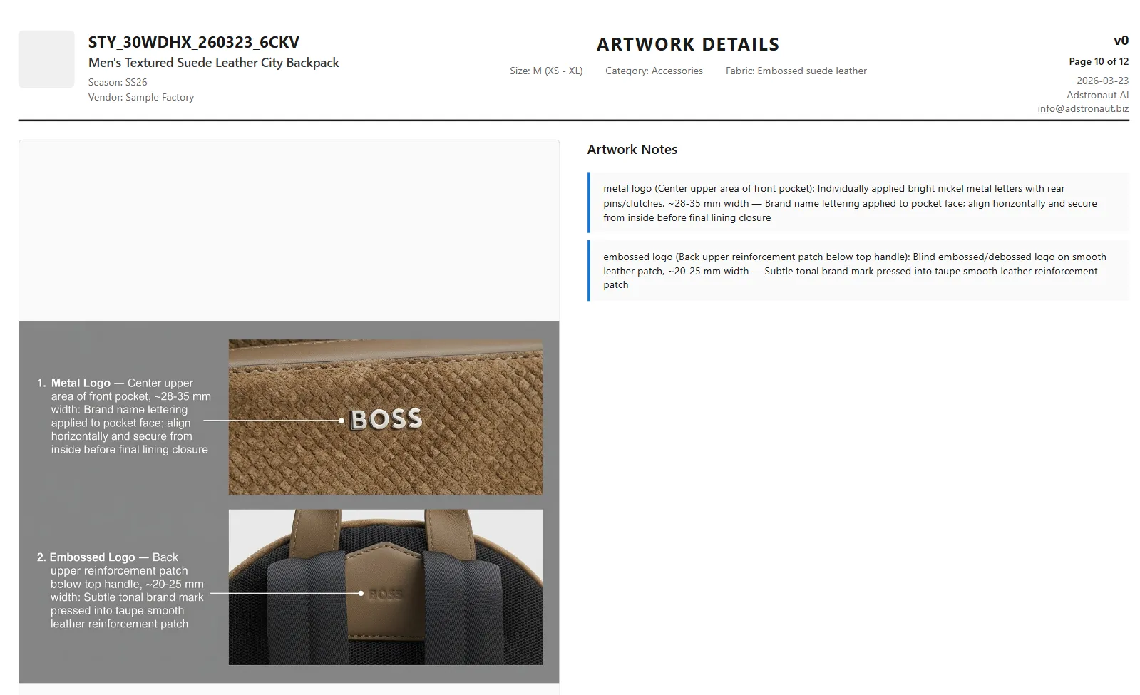 Artwork details page for a leather backpack showing metal logo letters and embossed logo patch placement