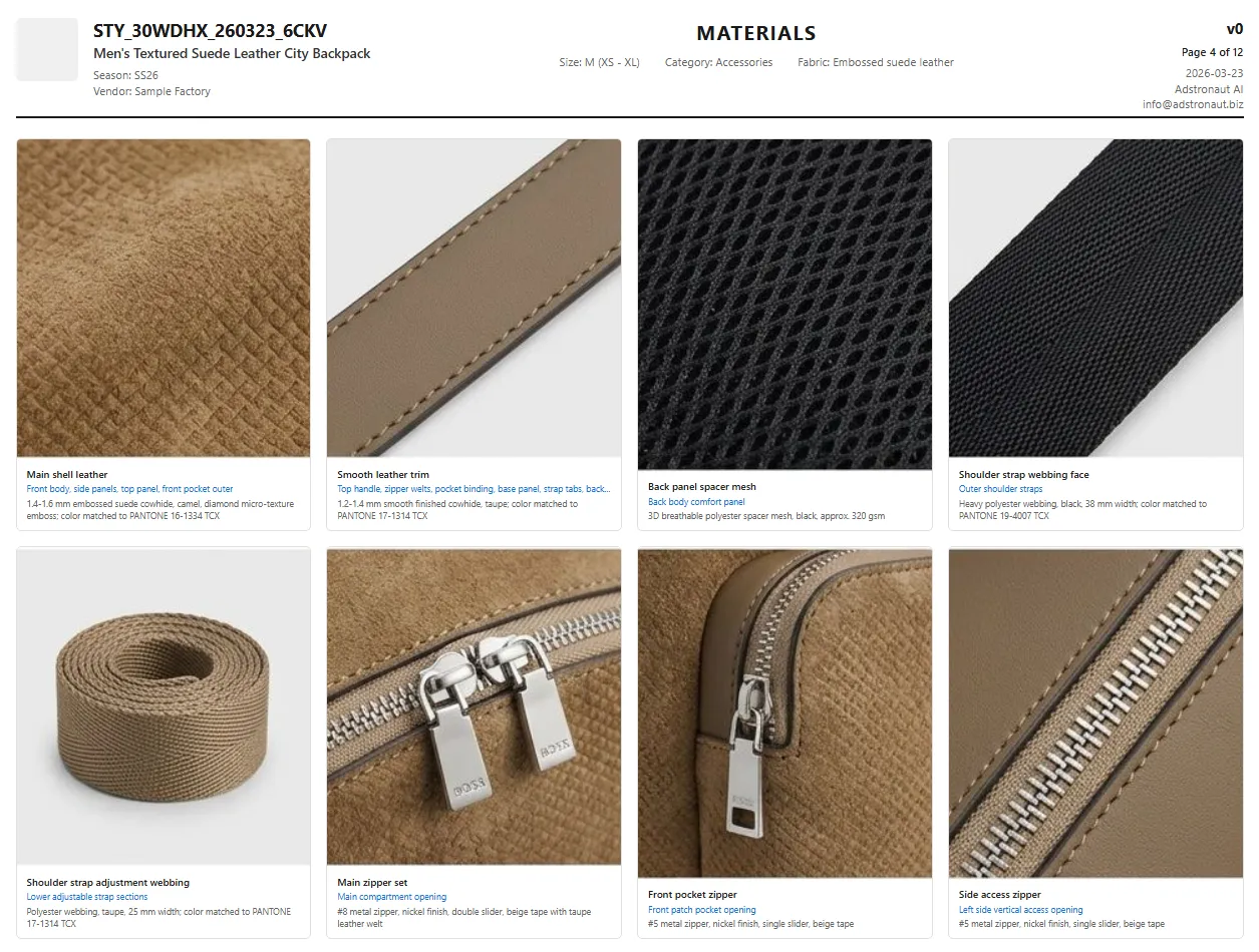 AI-generated material sample images for a leather backpack showing suede, mesh, webbing, zippers, and hardware