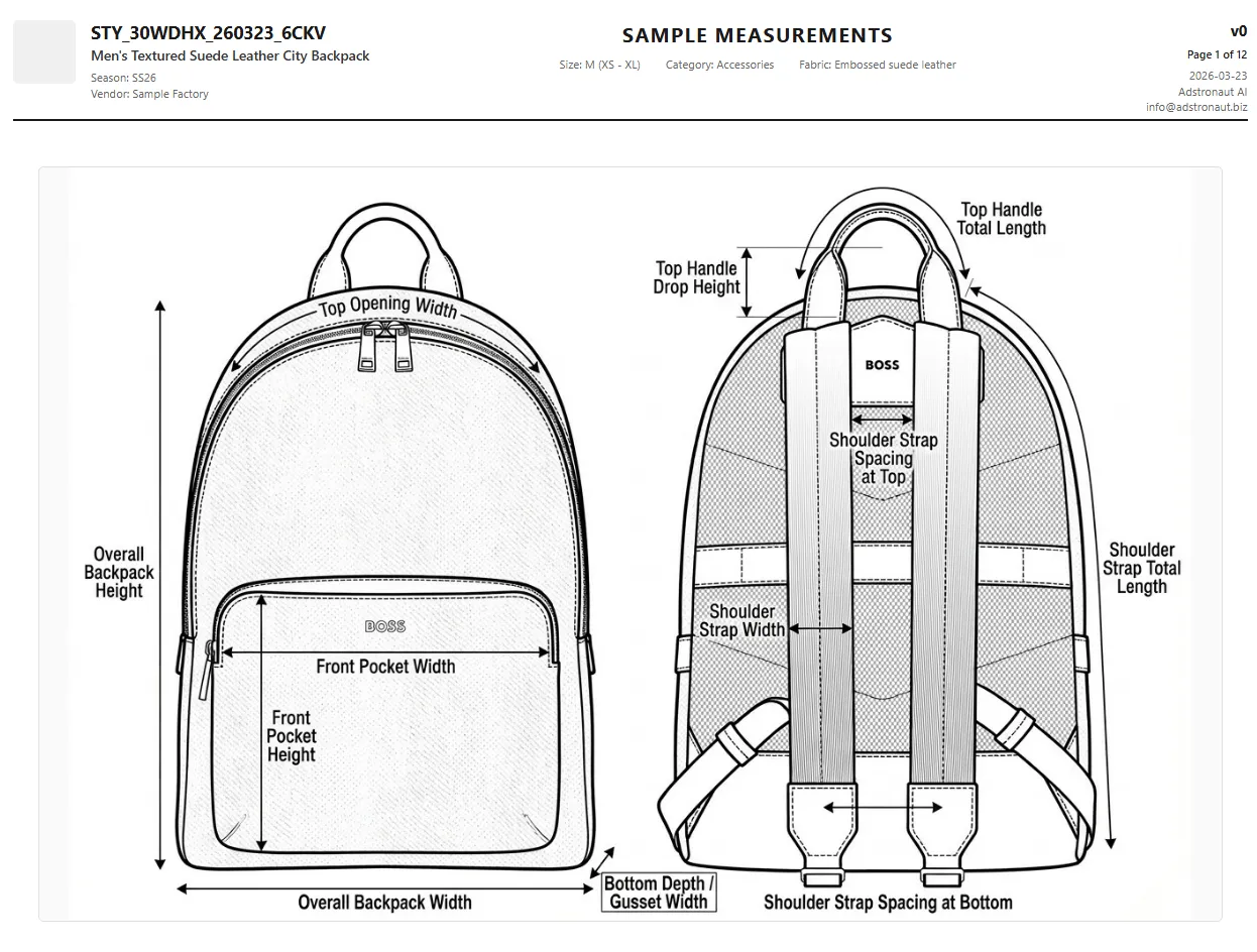 AI-generated leather goods tech pack showing front and back view measurement annotations for a Boss backpack