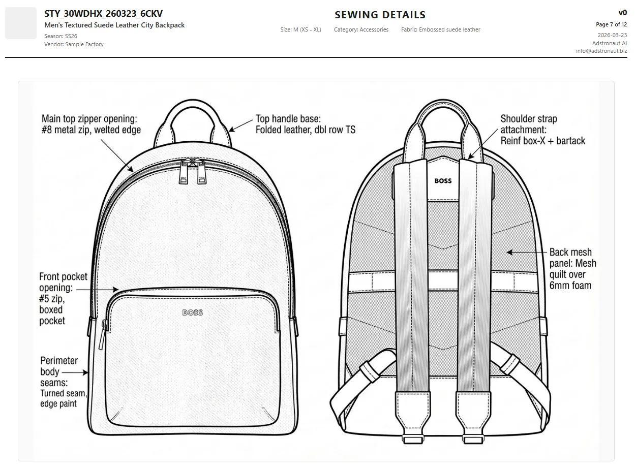 Construction callout diagram for a leather backpack showing zipper installation, handle attachment, and seam details