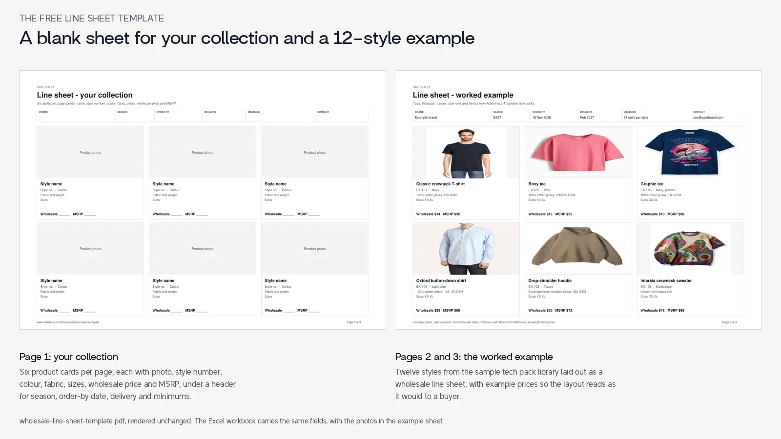 The free wholesale line sheet template: a blank page of six product cards beside a worked example page with product photos and prices
