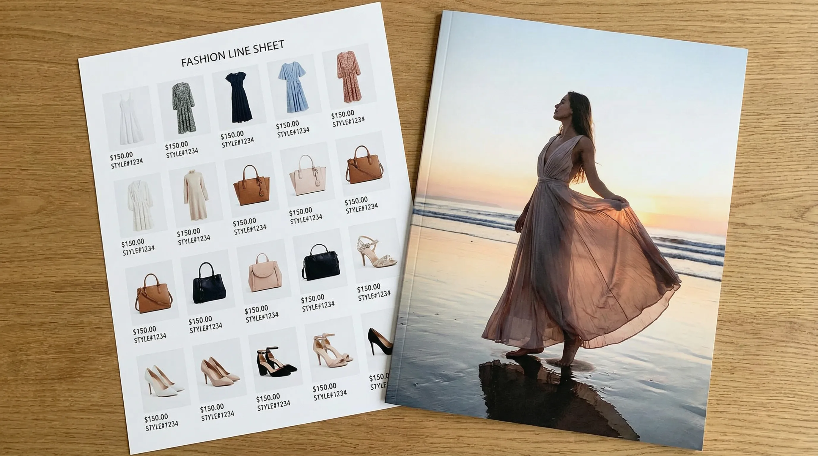 Side by side comparison of a fashion line sheet (product grid with pricing) and a lookbook (editorial lifestyle photos)