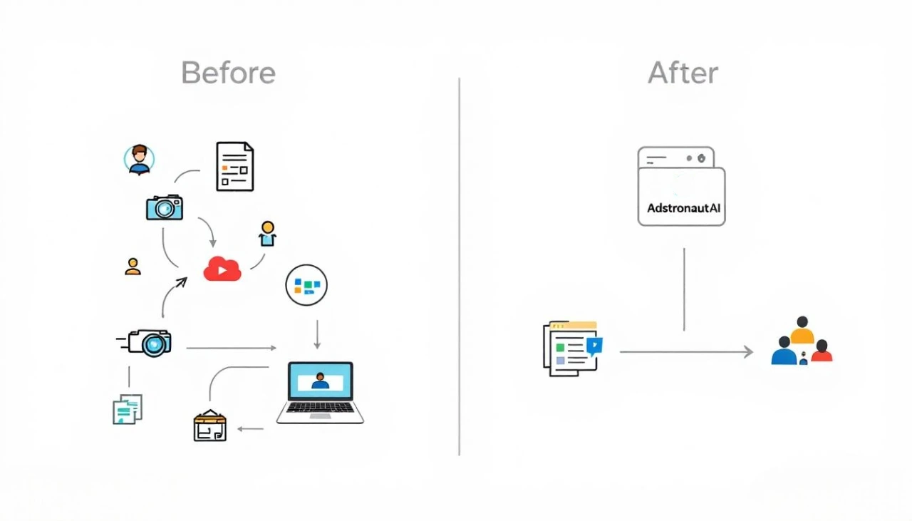 A workflow diagram comparing the complex manual product tagging process to the simple, automated process using Adstronaut AI.