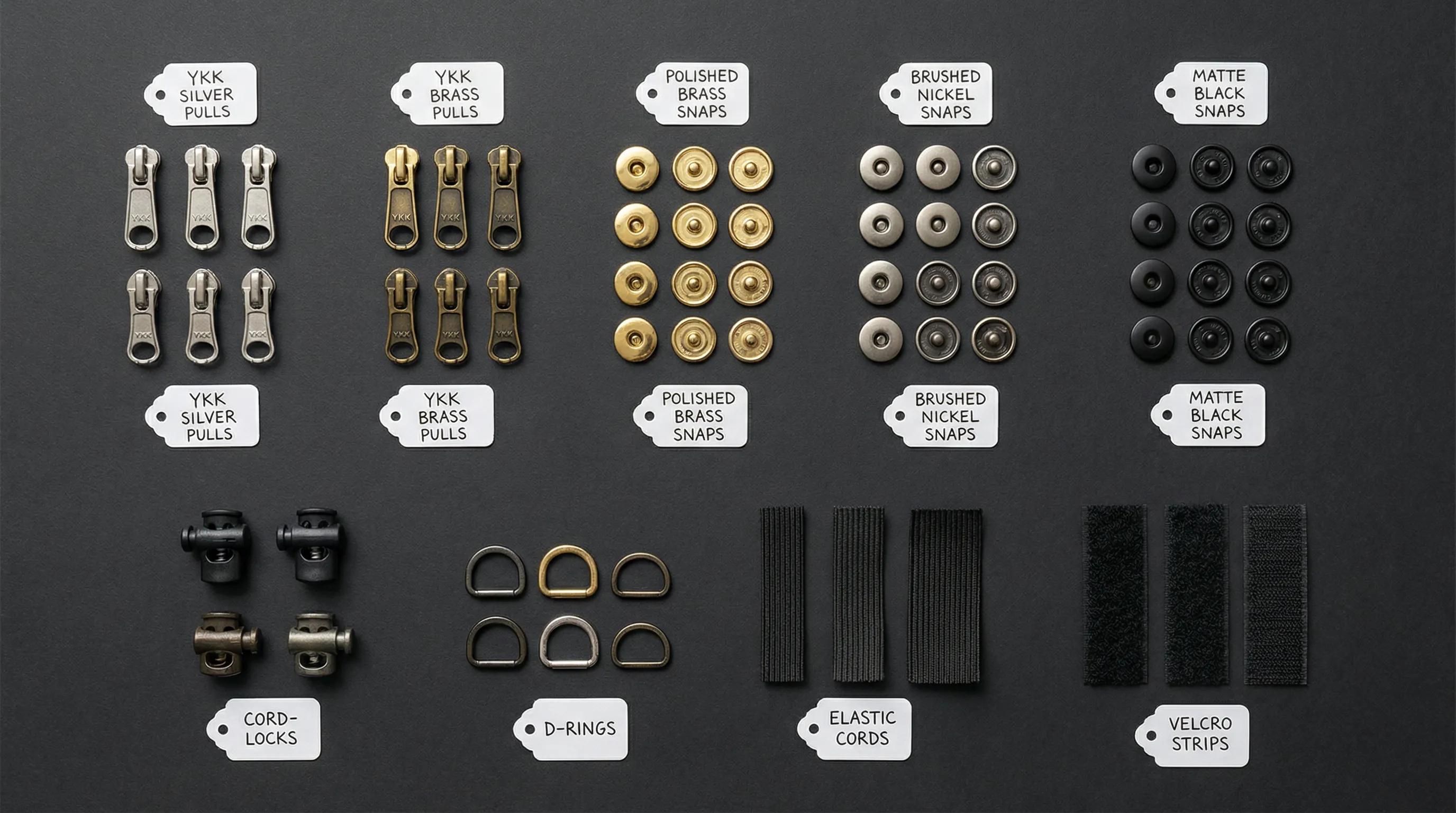 Flat lay of jacket hardware components: metal zipper pulls, snap buttons in brass and nickel, drawcord stoppers, and D-ring buckles