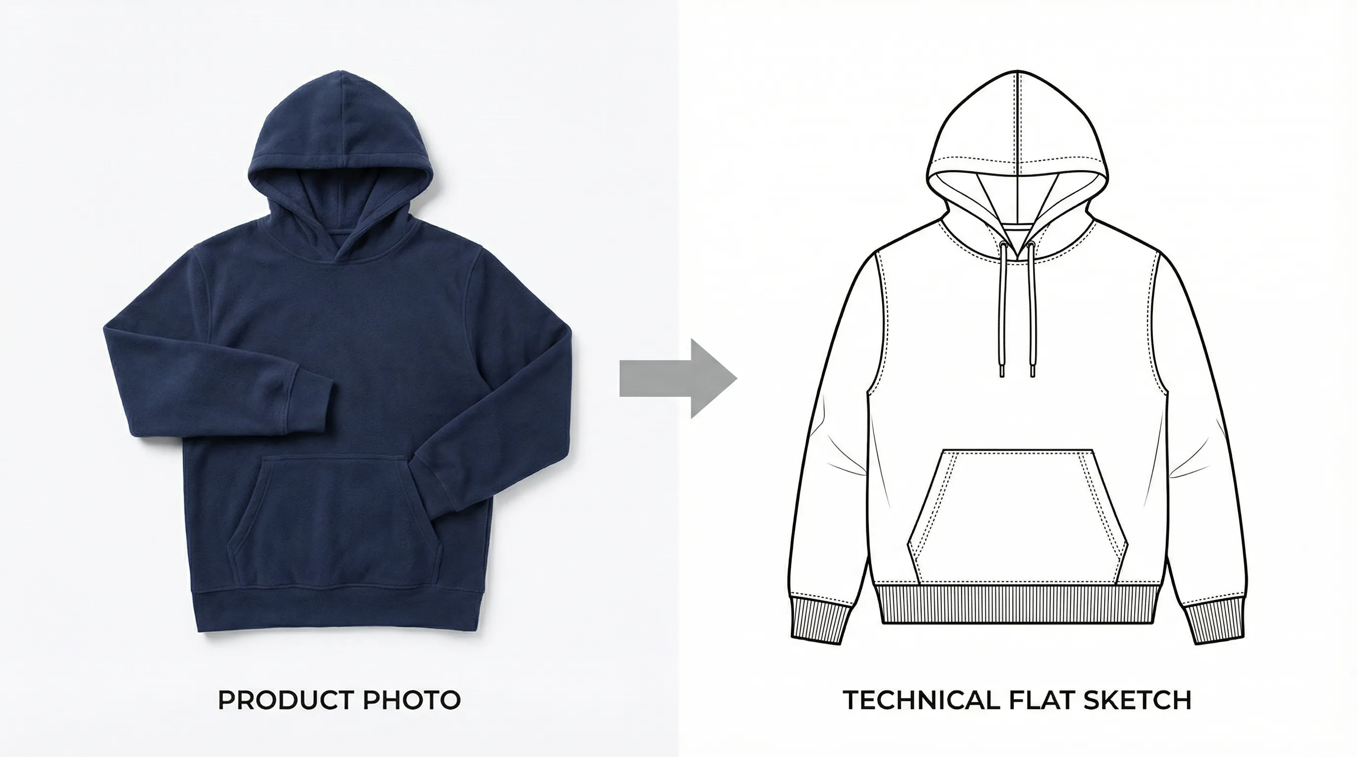Before and after showing a garment photo transformed into a clean technical flat sketch using AI technology