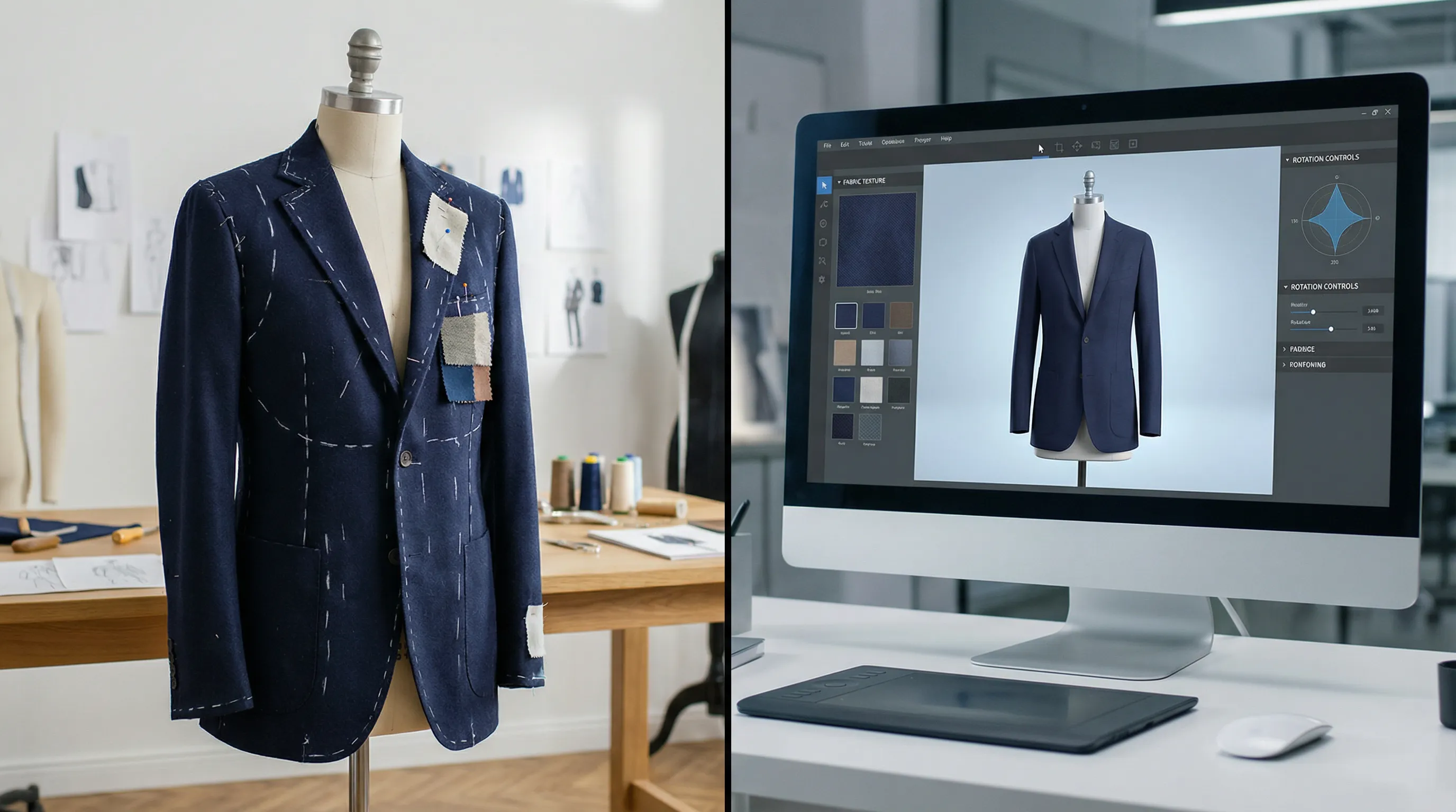 Split comparison of physical garment sample on a dress form versus digital 3D garment rendering on a computer monitor