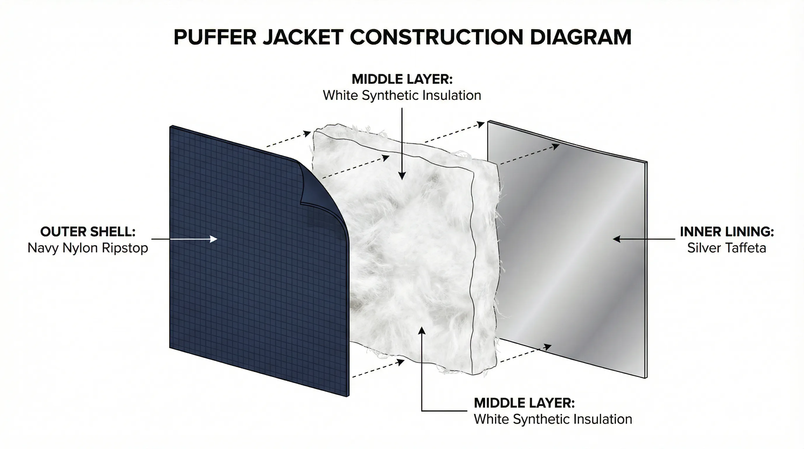 Cross-section diagram of a puffer jacket showing three layers: outer shell nylon, synthetic insulation fill, and interior taffeta lining