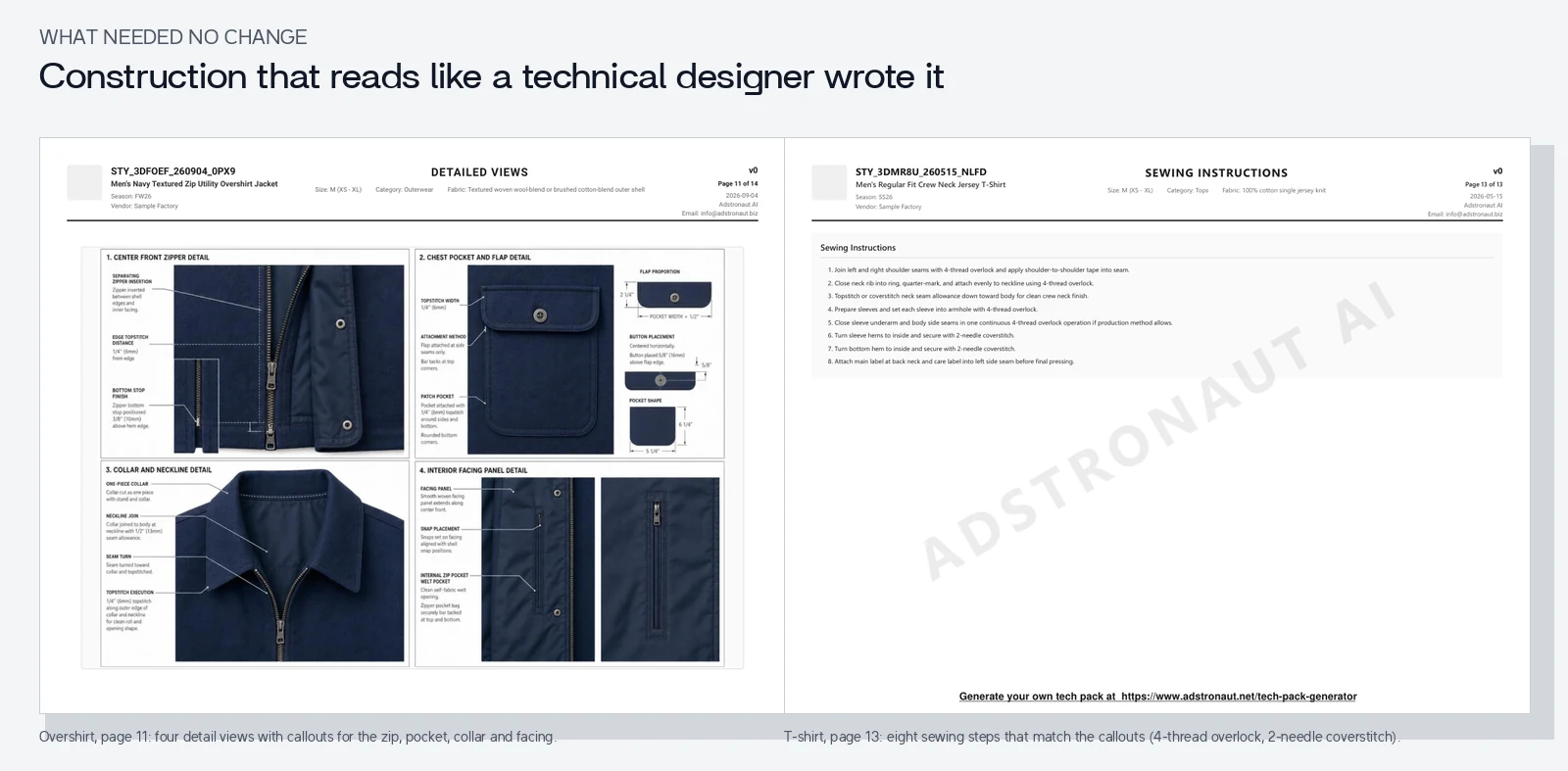 The overshirt's detailed-views page with four annotated close-ups, beside the t-shirt's sewing-instructions page