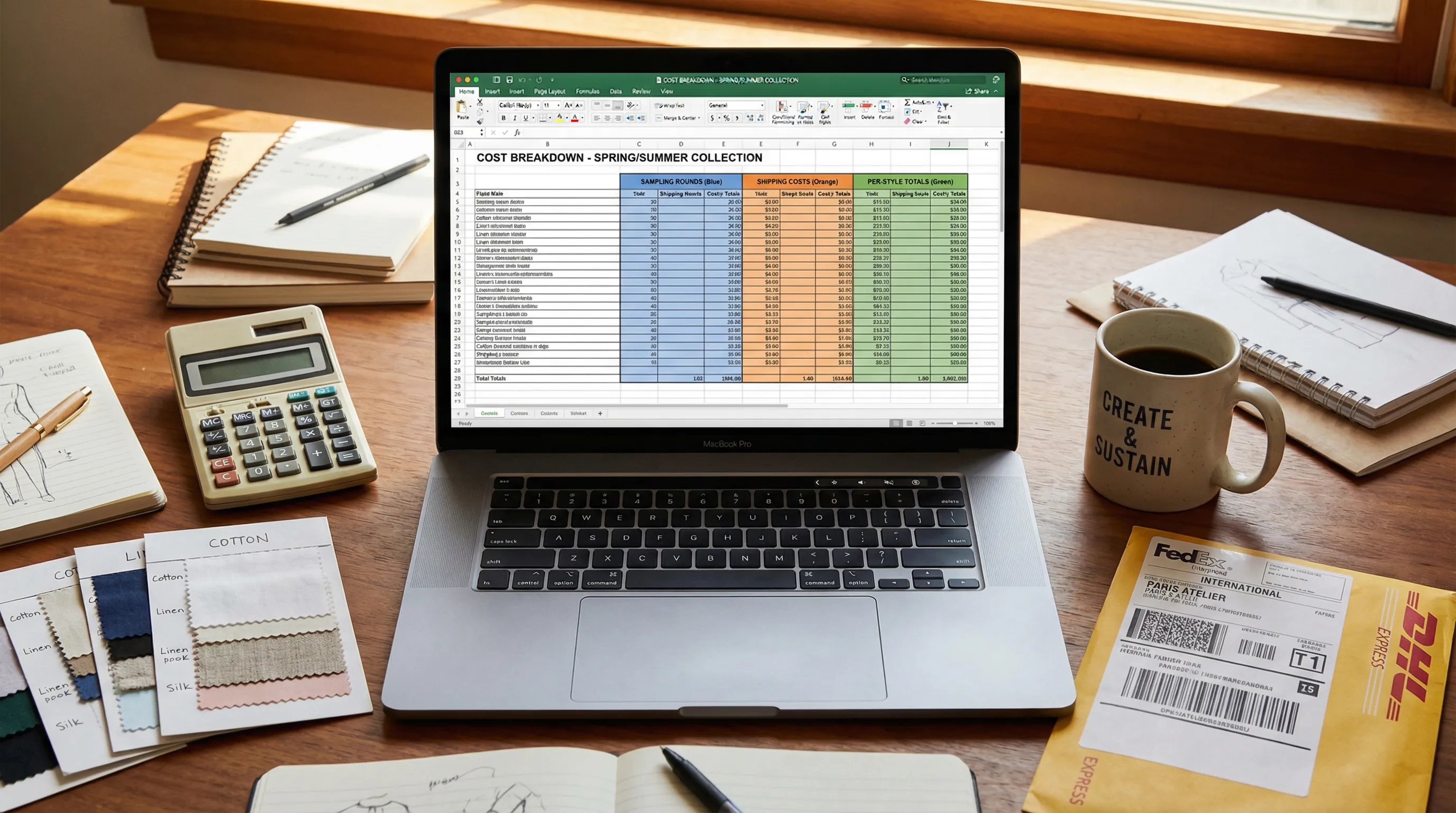 Fashion sampling cost breakdown spreadsheet on a laptop with fabric samples, calculator, and shipping documents on a desk