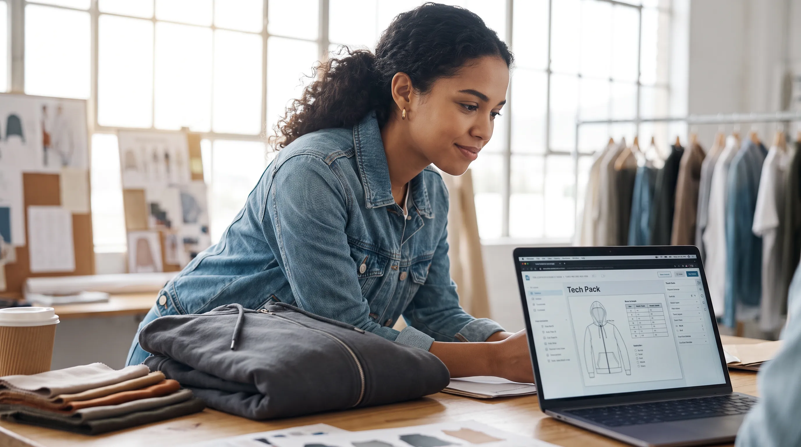 An independent fashion founder reviewing a completed factory-ready tech pack on a laptop, with a hoodie sample and swatches nearby