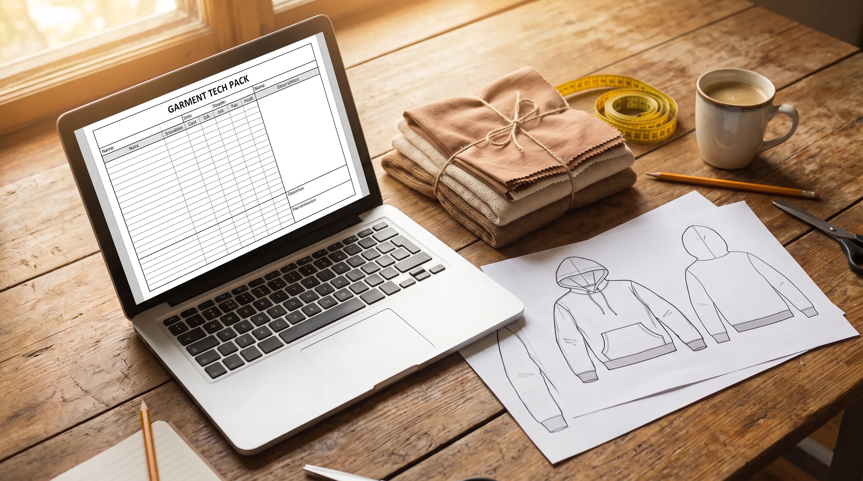 A fashion designer's desk with a laptop showing a blank tech pack template, flat sketches, swatches, and a measuring tape
