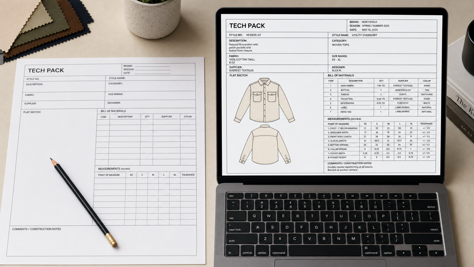 A blank printed Illustrator template beside a laptop showing an auto-generated tech pack with a BOM table and measurement grid