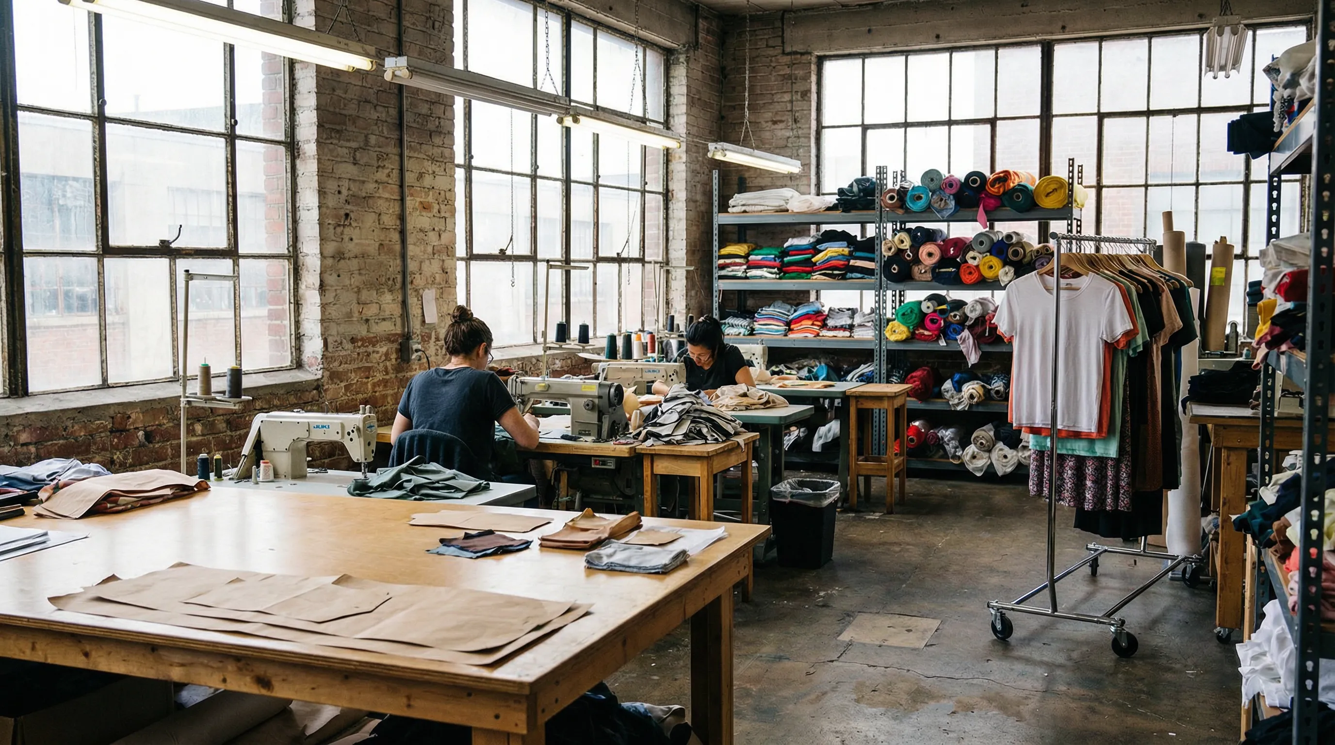 Small batch clothing manufacturing workshop with sewing machines, fabric rolls, and finished garments on a rack