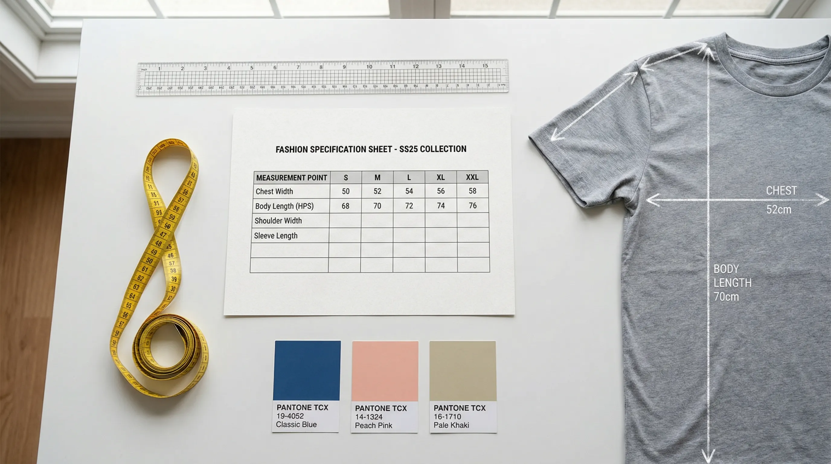 Fashion spec sheet document on a desk with measuring tape, garment laid flat, ruler, and Pantone cards