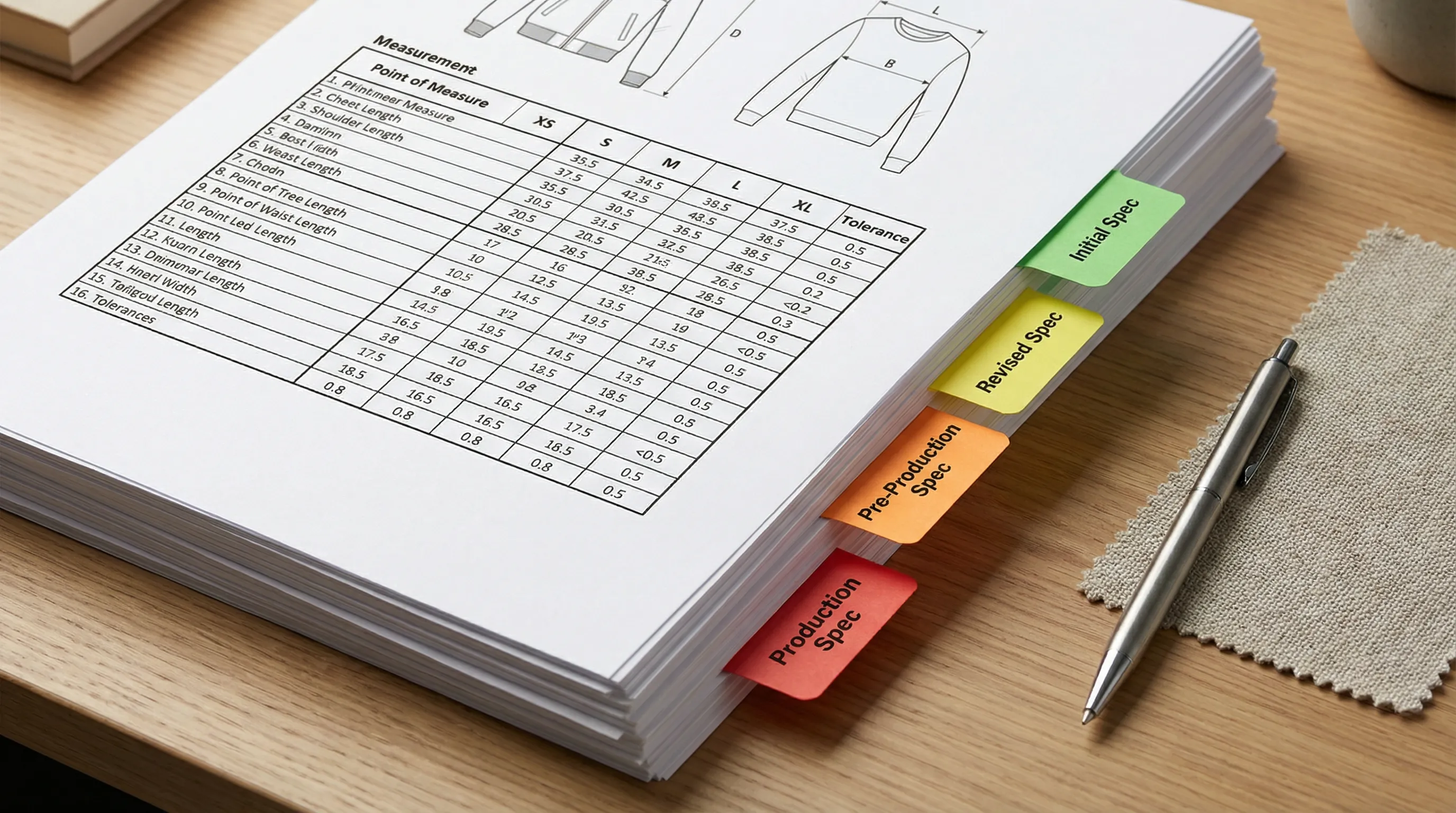 Stack of different types of fashion spec sheets organized with colored tabs: initial spec, revised spec, and production spec