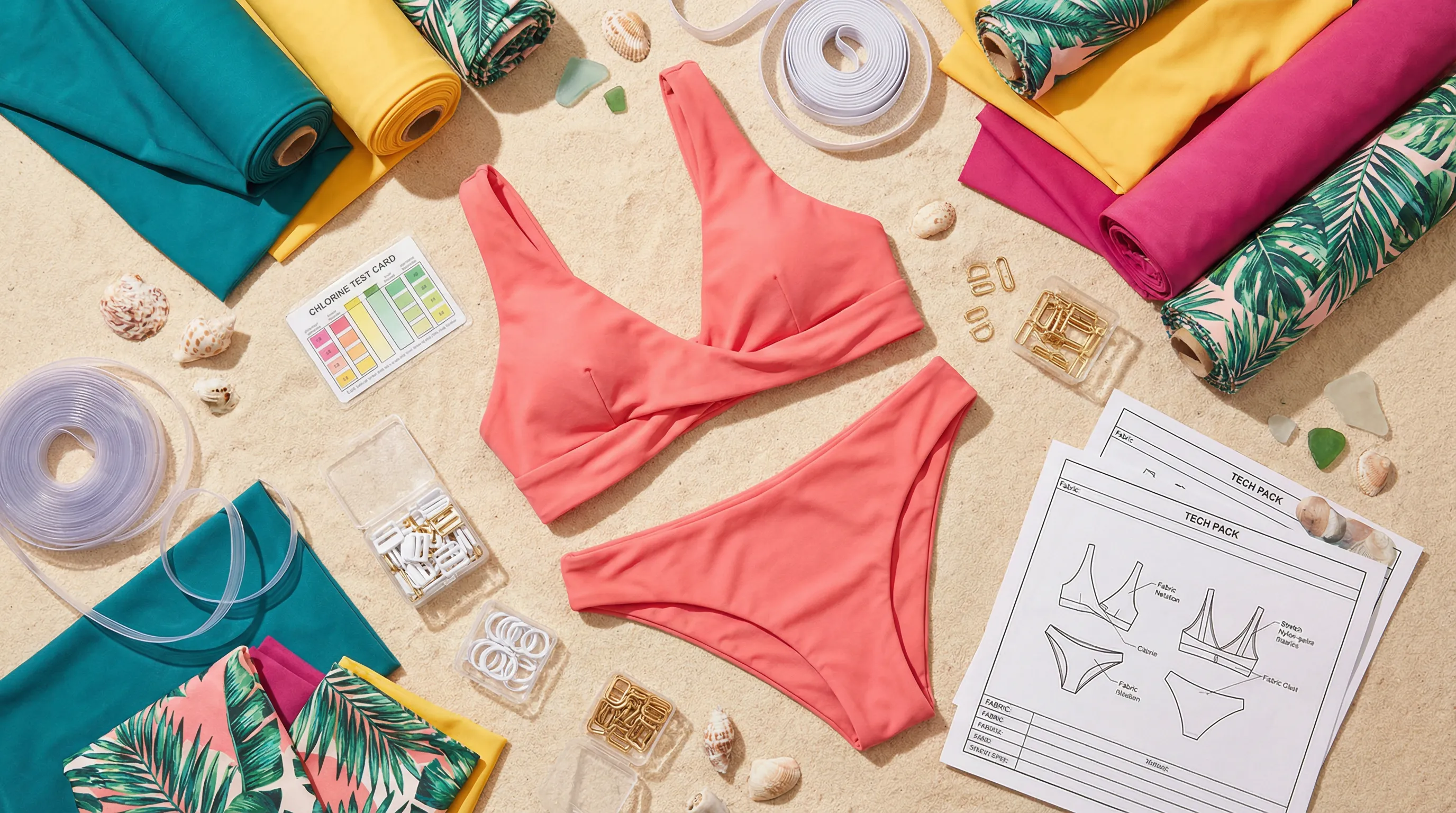 Flat lay of colorful bikini designs alongside stretch fabric swatches, elastic samples, and hardware components for swimwear manufacturing