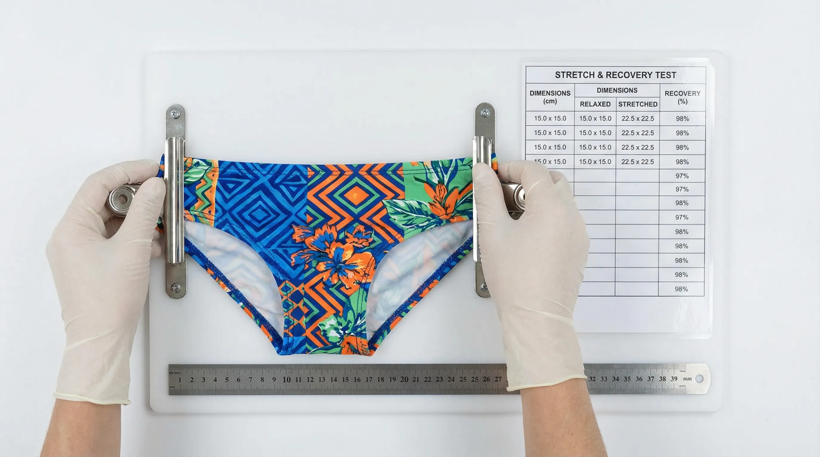 Technical designer stretching swimwear fabric to test recovery while checking against a measurement specification chart