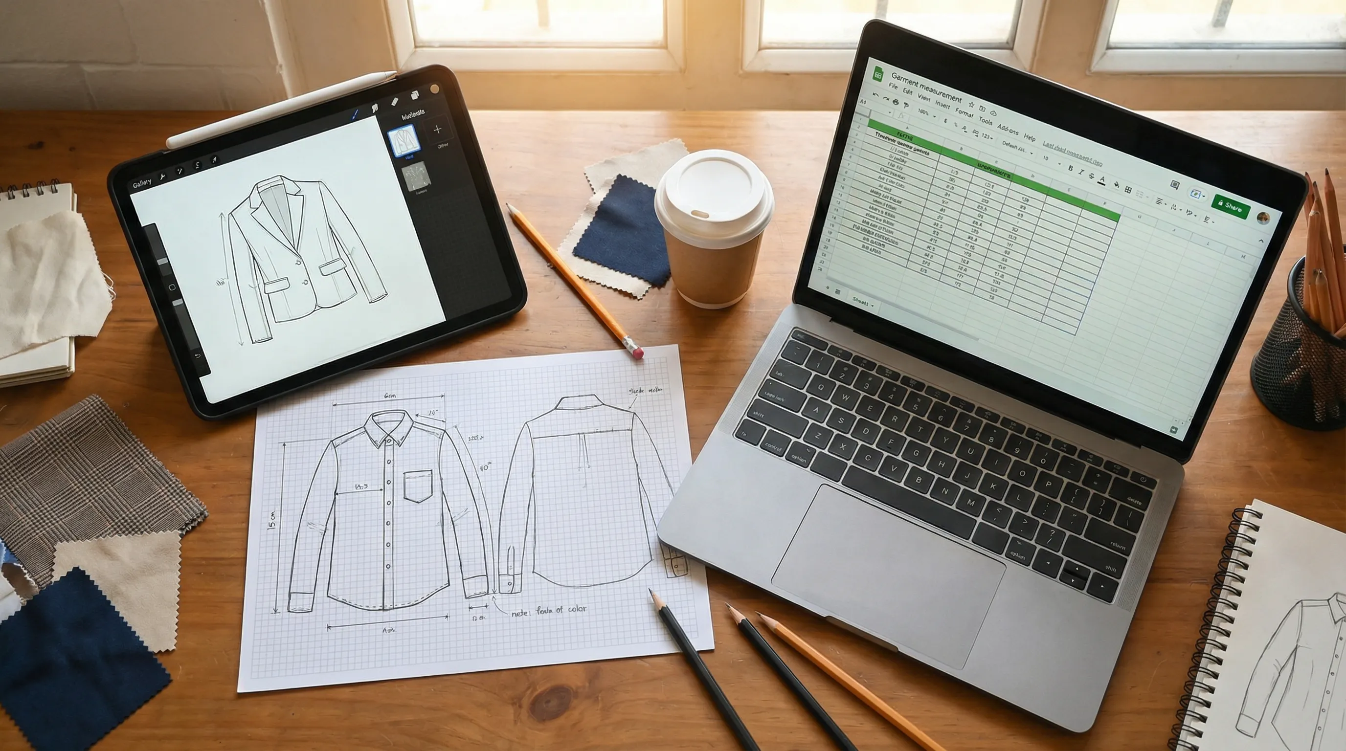 Three alternative tech pack creation methods: tablet with sketch app, hand-drawn flat sketches on graph paper, and laptop with measurement spreadsheet