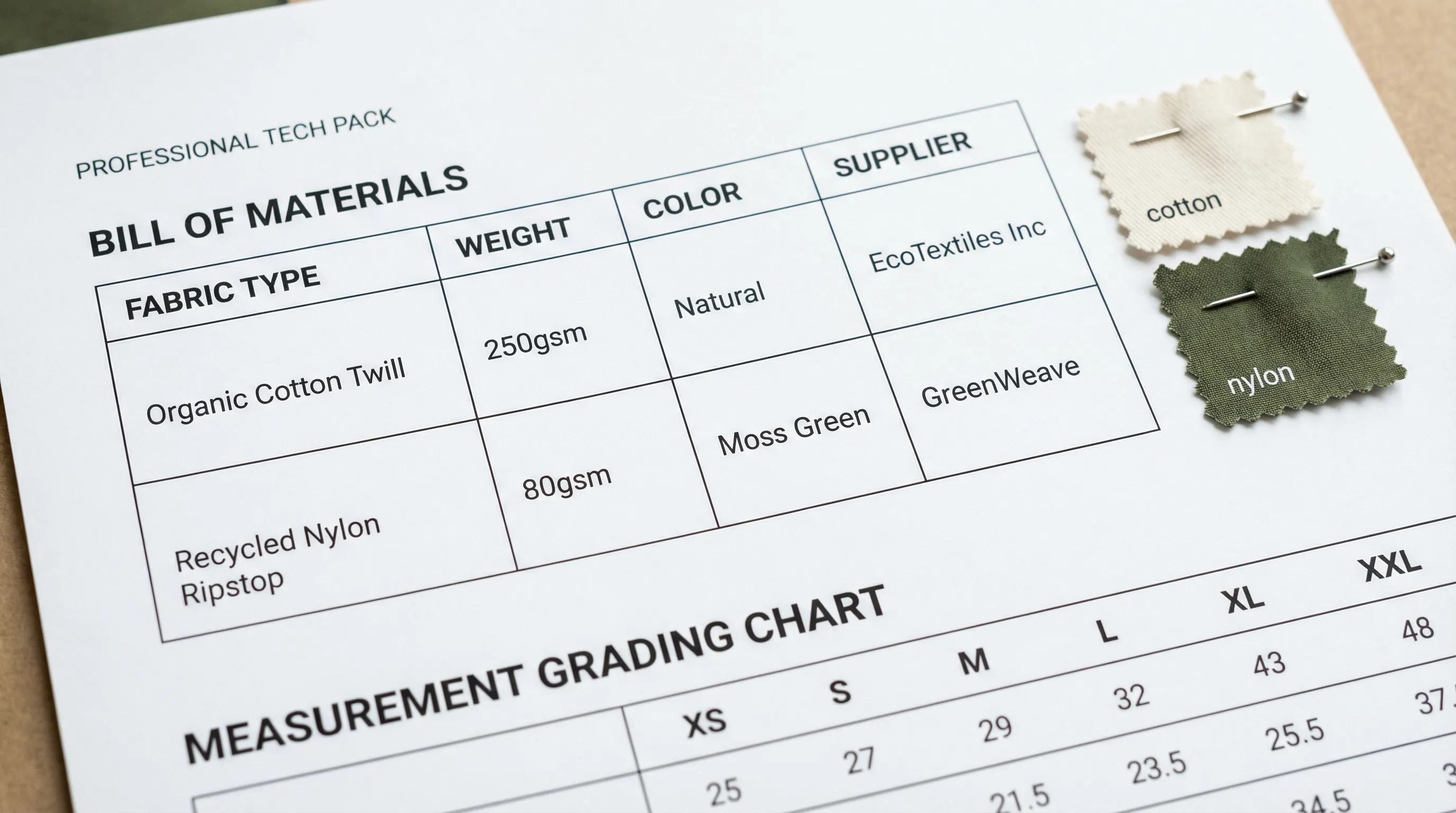Close-up of a tech pack bill of materials table and measurement grading chart with fabric swatch cards