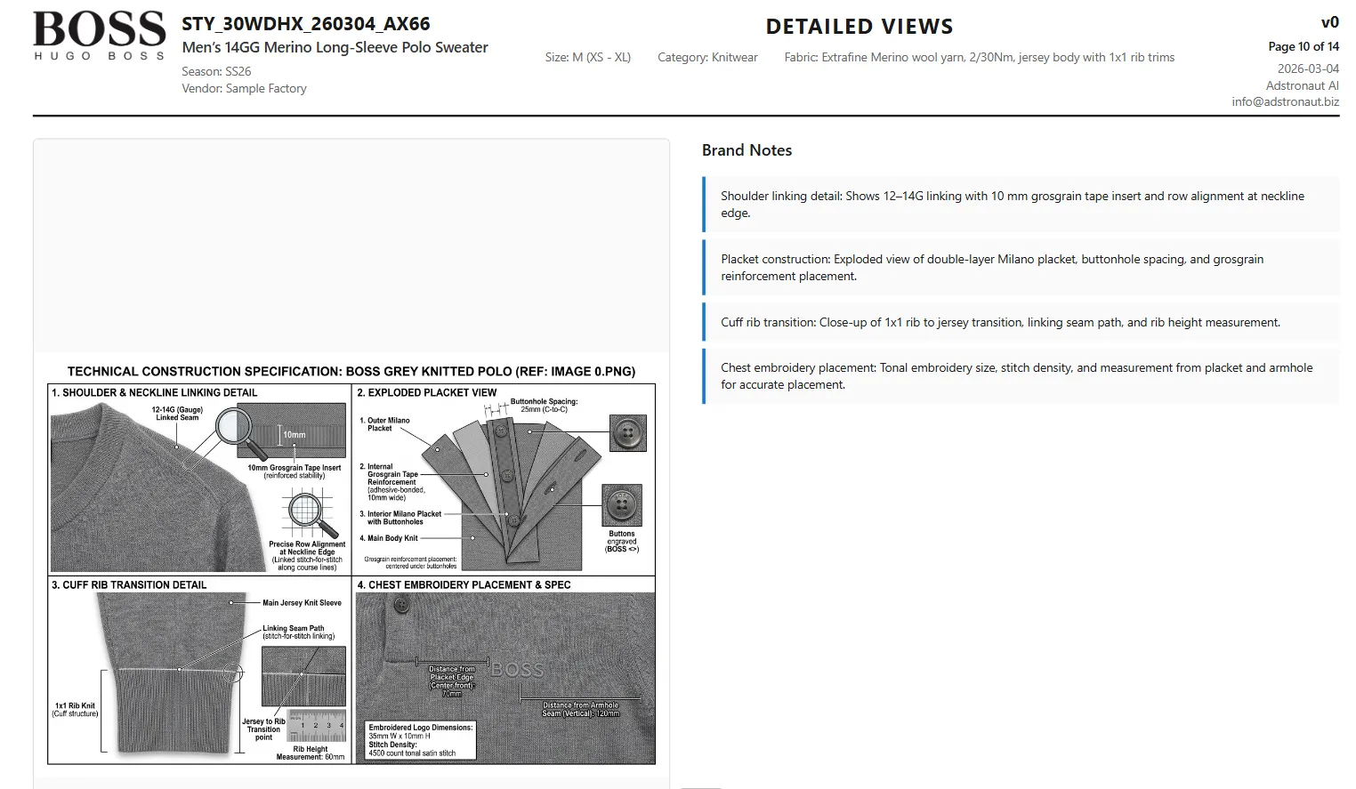Colored mockup page showing front and back garment views with Pantone color palette