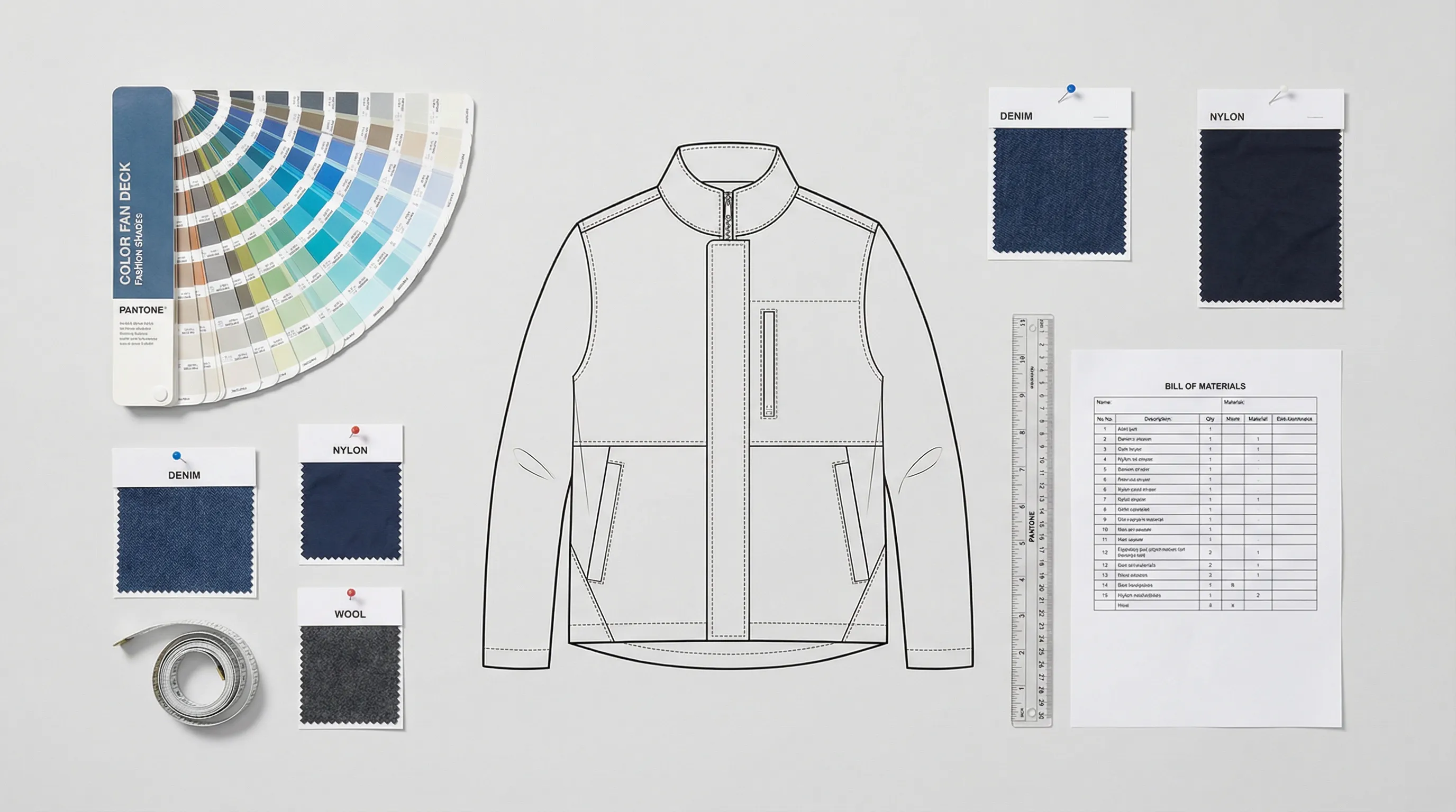 Flat lay of tech pack components including fabric swatches, Pantone color chips, measurement ruler, and technical flat sketch