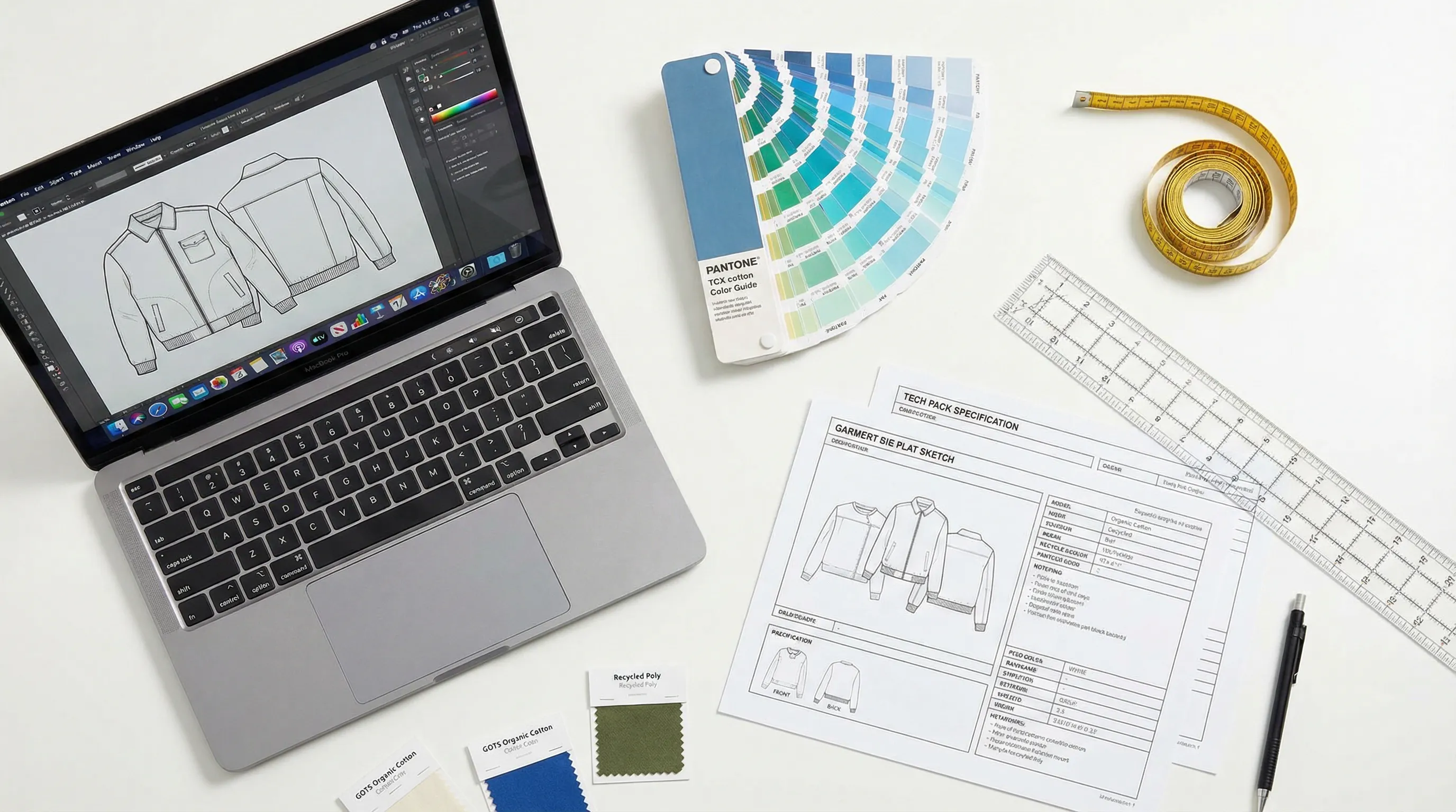 Organized desk with tech pack design tools: laptop with flat sketches, Pantone guide, measurement tape, and printed specifications