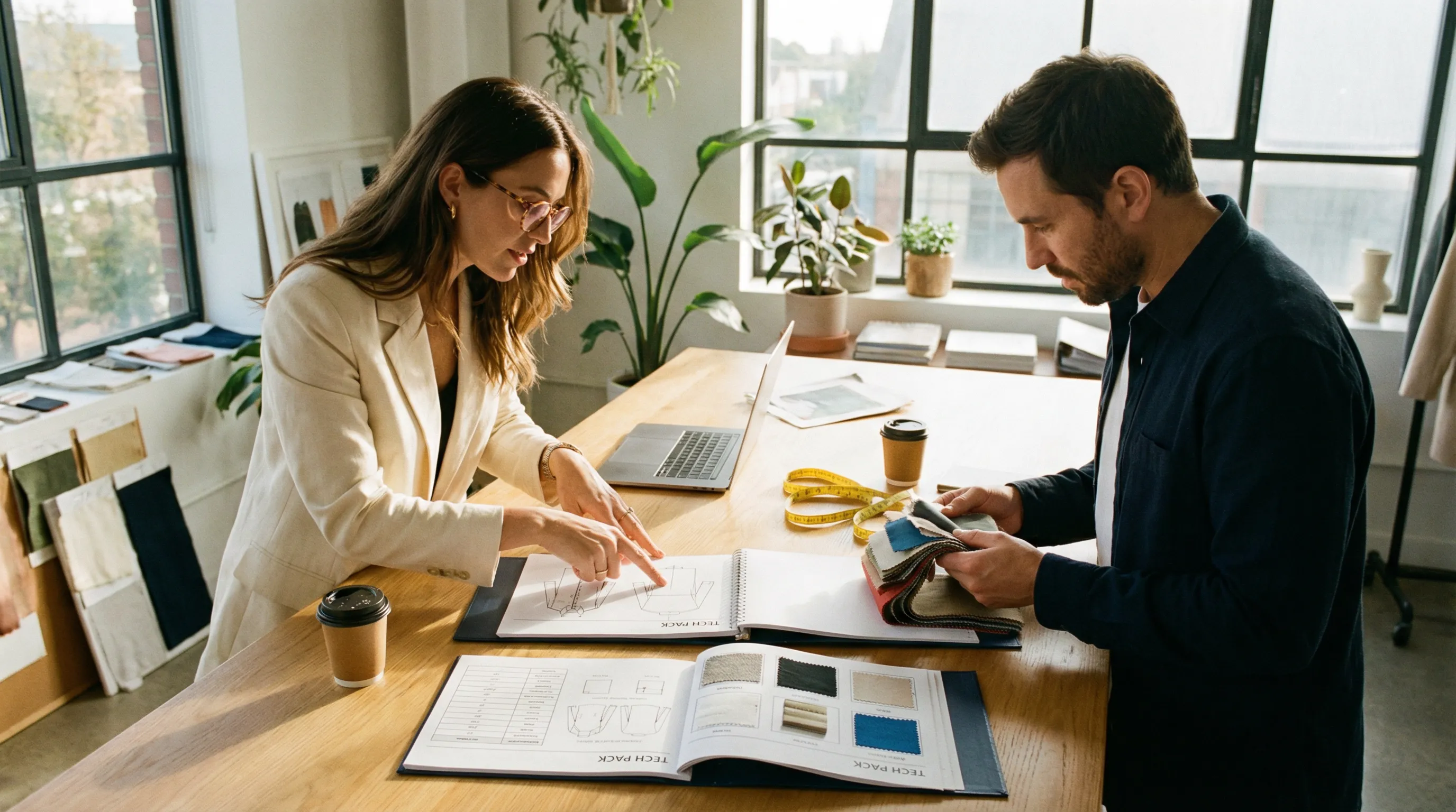 Fashion designer reviewing tech pack specifications with a garment manufacturer in a modern studio