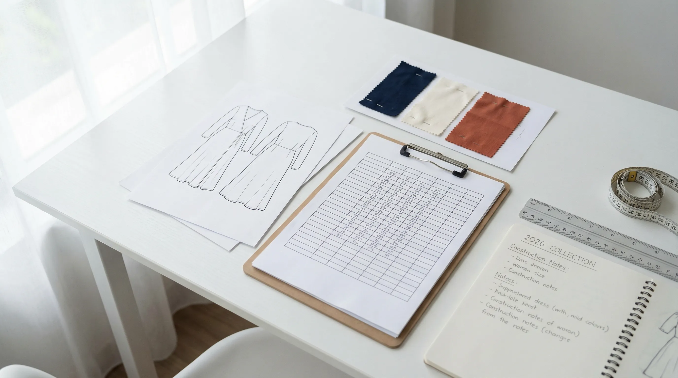 Fashion tech pack document spread on a desk showing technical flat sketches, measurement tables, and fabric swatches