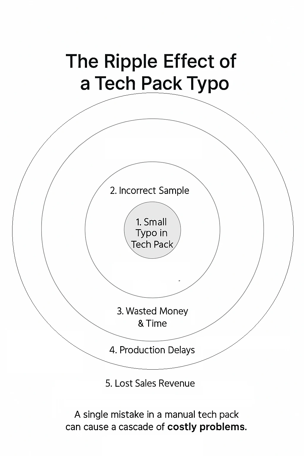 A diagram illustrating how one small error in a tech pack can lead to a cascade of expensive problems, from wasted samples to lost sales.