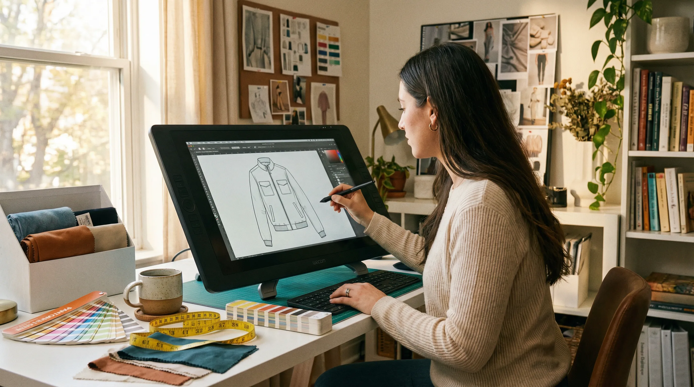 Freelance fashion technical designer creating a tech pack at a home office desk with fabric samples and measurement tools