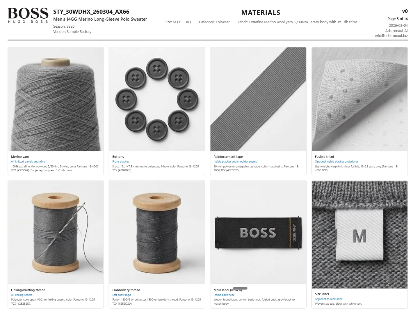 Materials section showing AI-generated fabric sample images for a garment