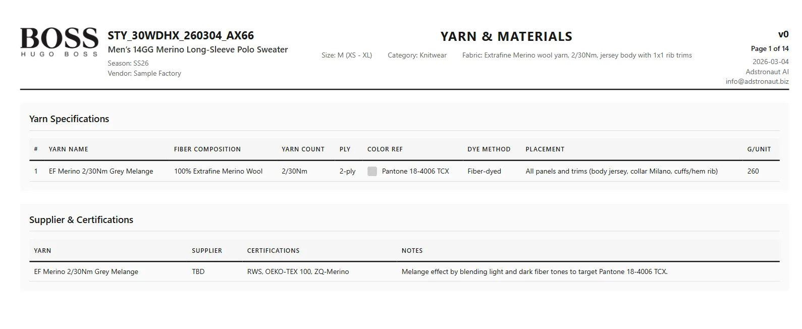 Tech pack sample measurements page with annotated flat sketch showing measurement points