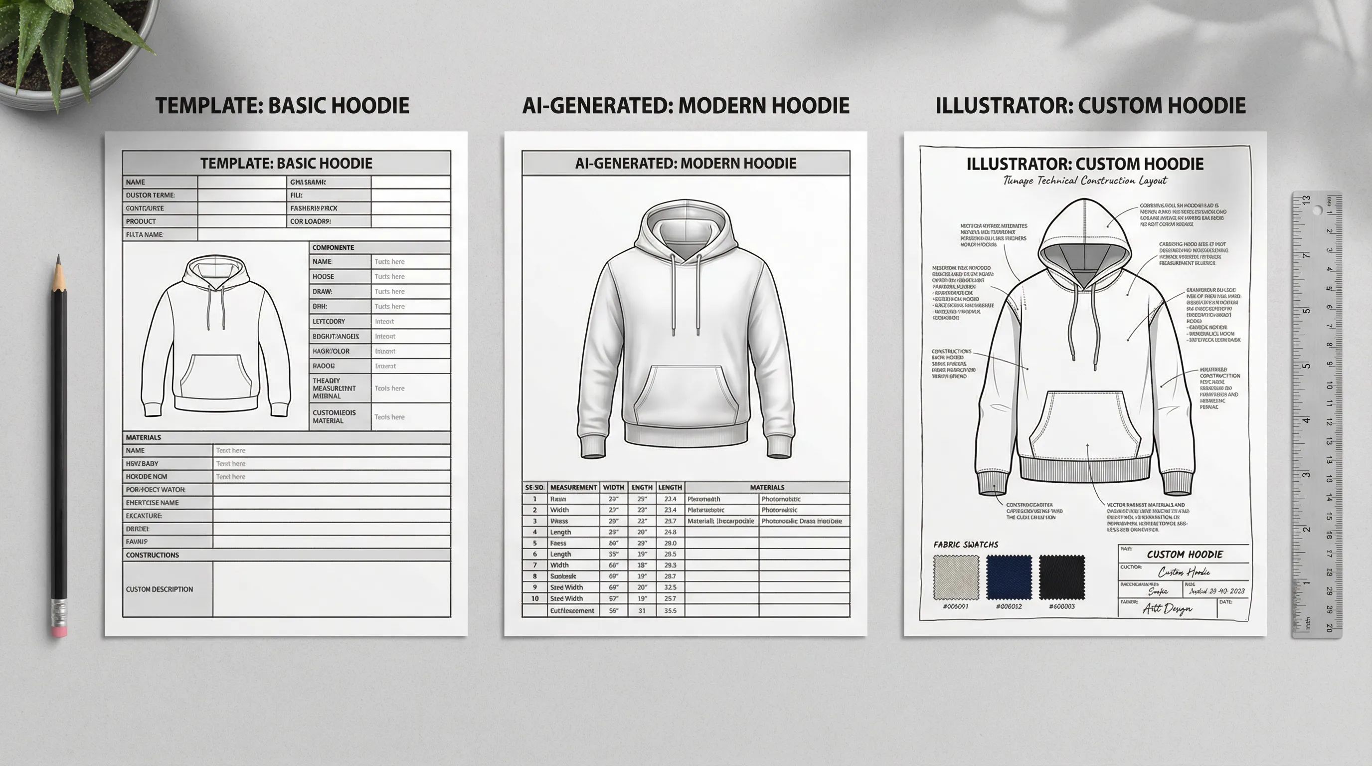 Three printed tech pack PDFs side by side showing different output quality levels from template, AI, and manual creation methods