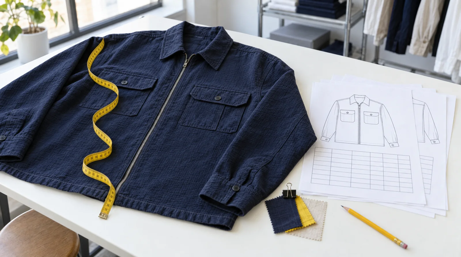 A navy utility overshirt laid flat on a sampling table beside its printed tech pack and a tape measure