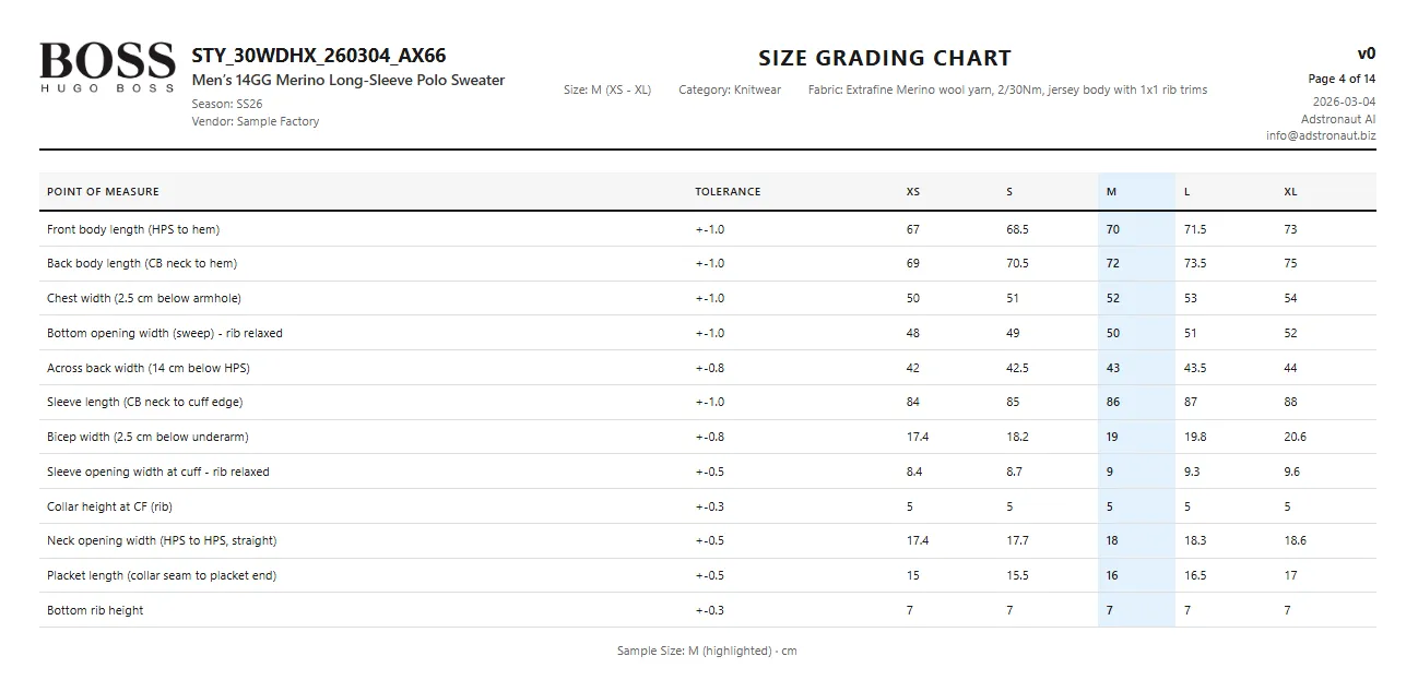 Size grading table in a tech pack showing measurements across sizes XS through XL with tolerances