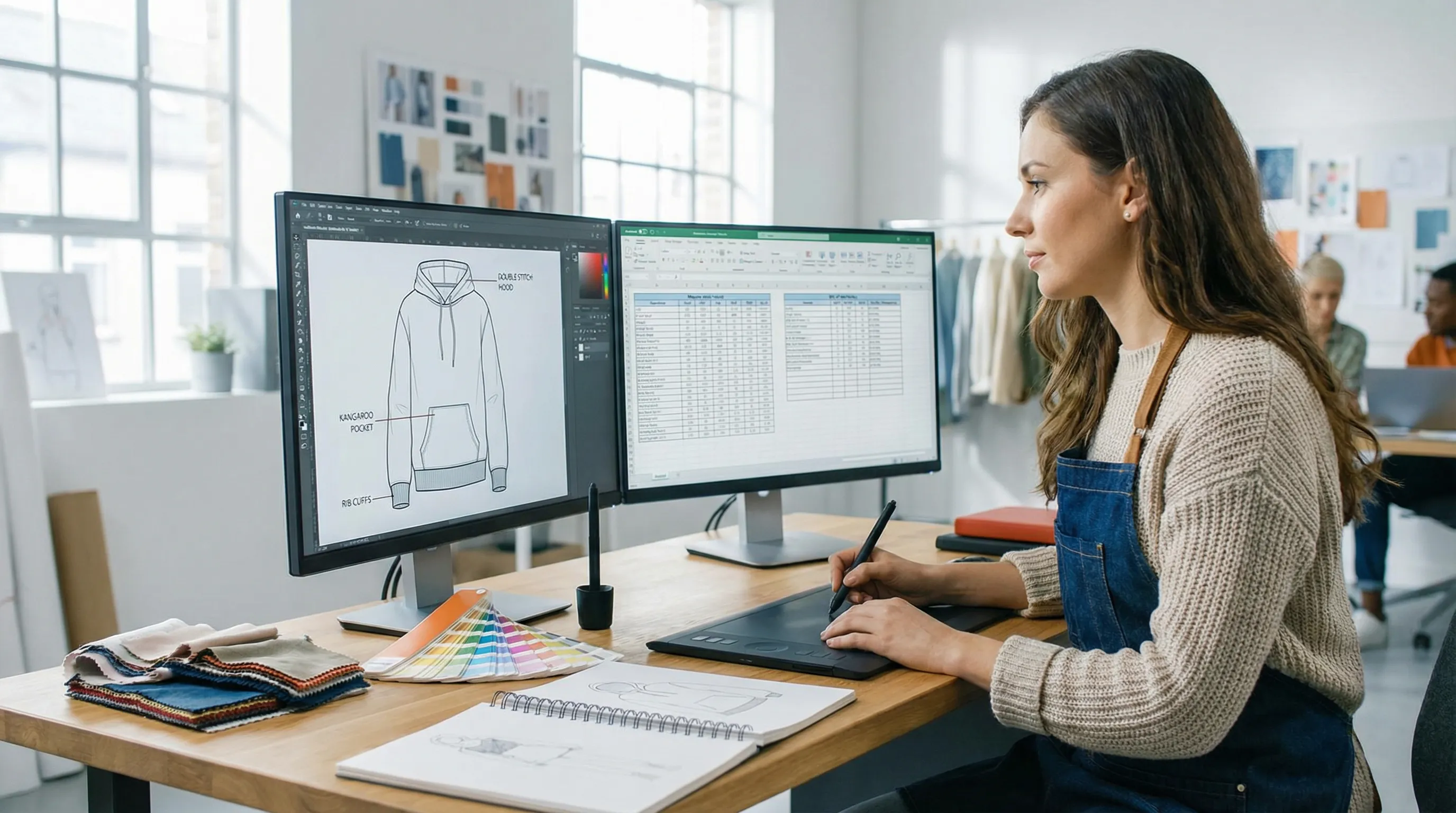 Fashion designer evaluating tech pack software on dual monitors showing technical sketches and measurement tables