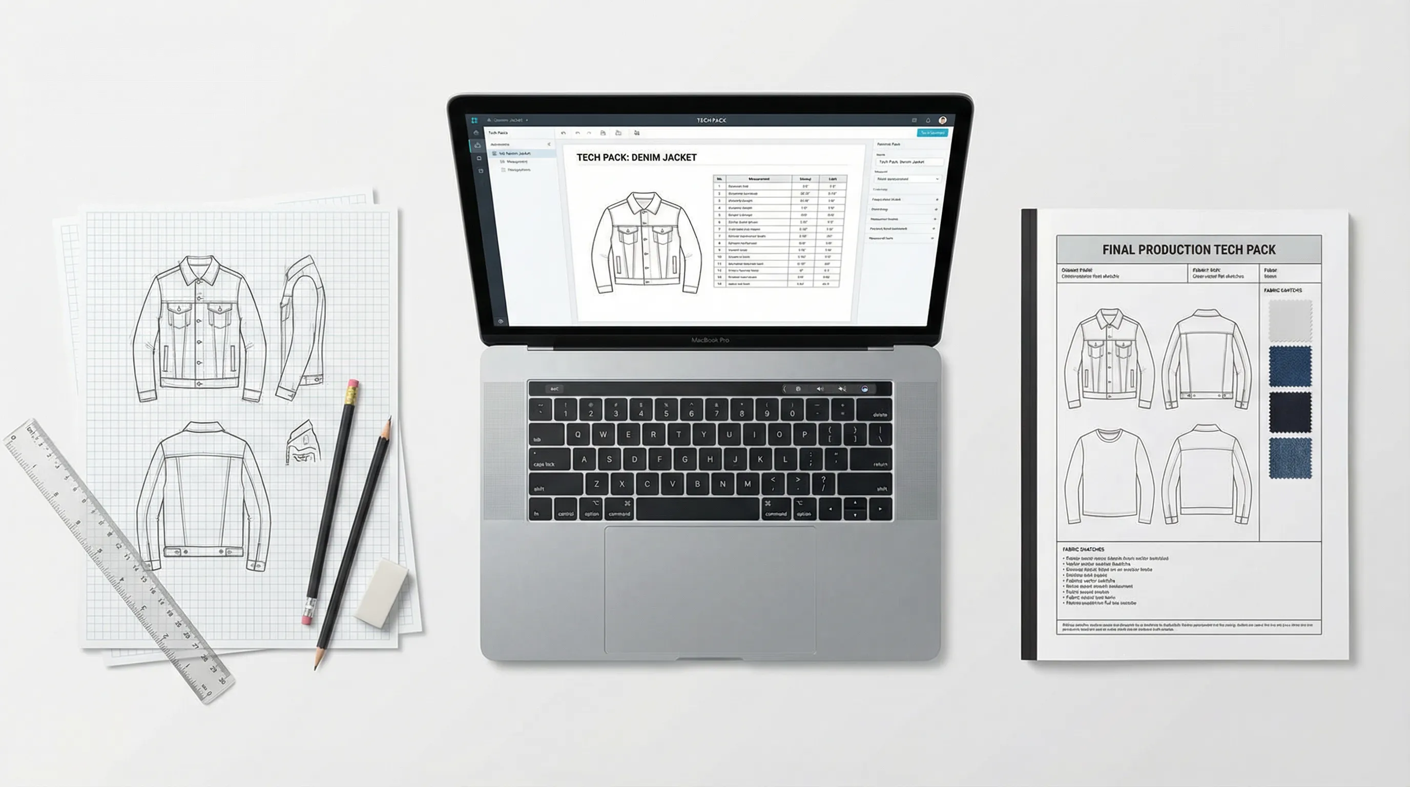 Three tech pack creation methods side by side: hand-drawn sketches, digital software on laptop, and AI-generated professional PDF